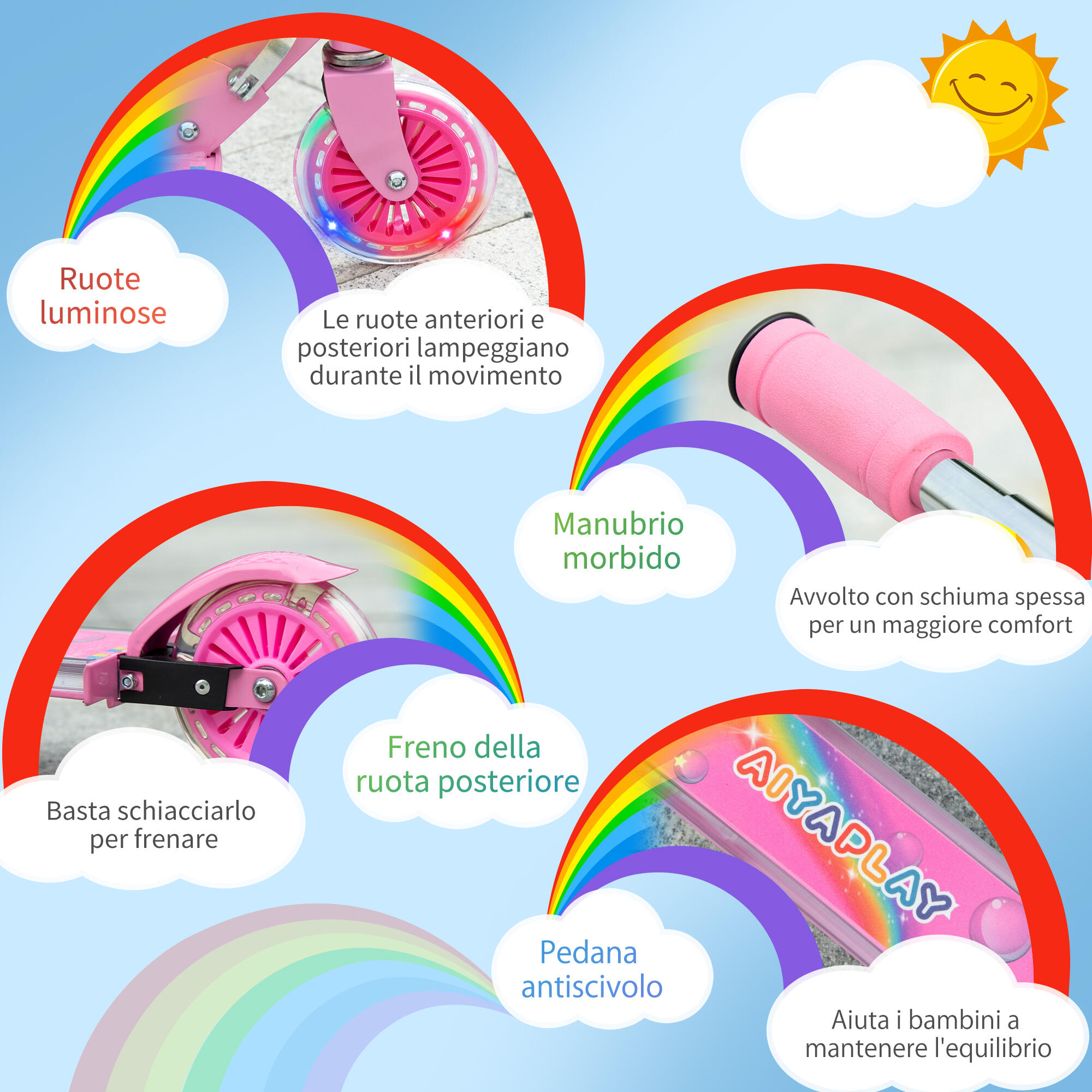 HOMCOM Monopattino per Bambini 3-7 Anni Pieghevole e Altezza Regolabile, Rosa 7/7