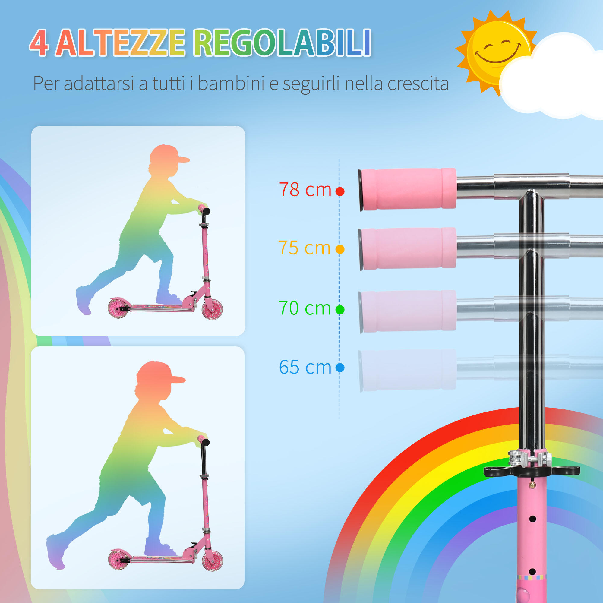 HOMCOM Monopattino per Bambini 3-7 Anni Pieghevole e Altezza Regolabile, Rosa 5/7