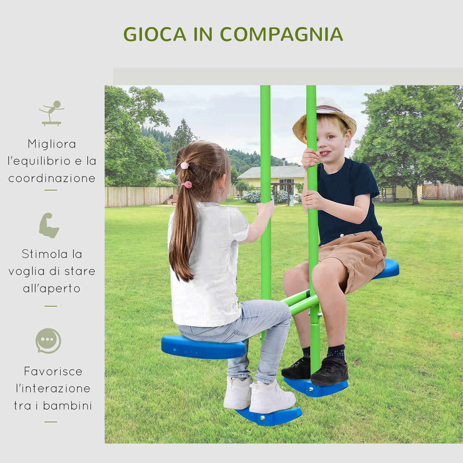 Altalena Doppia Outsunny Per Bambini 3+ Anni – Struttura In Metallo 239x156x180 Cm, Corda Regolabile, Max 45 Kg Per Sedile, Verde E Rosso