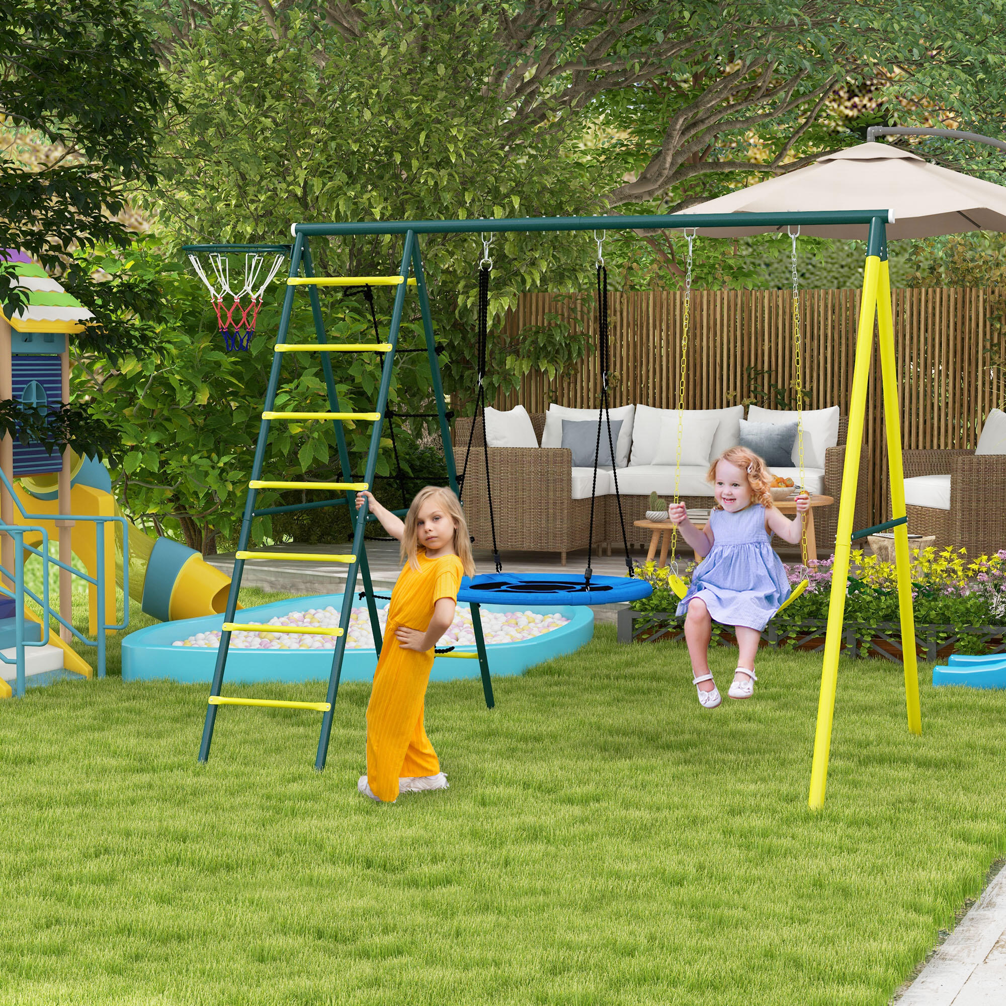 Outsunny Set 2 Altalene da Giardino con Scalette e Canestro Bambini 3-8 Anni 2/7