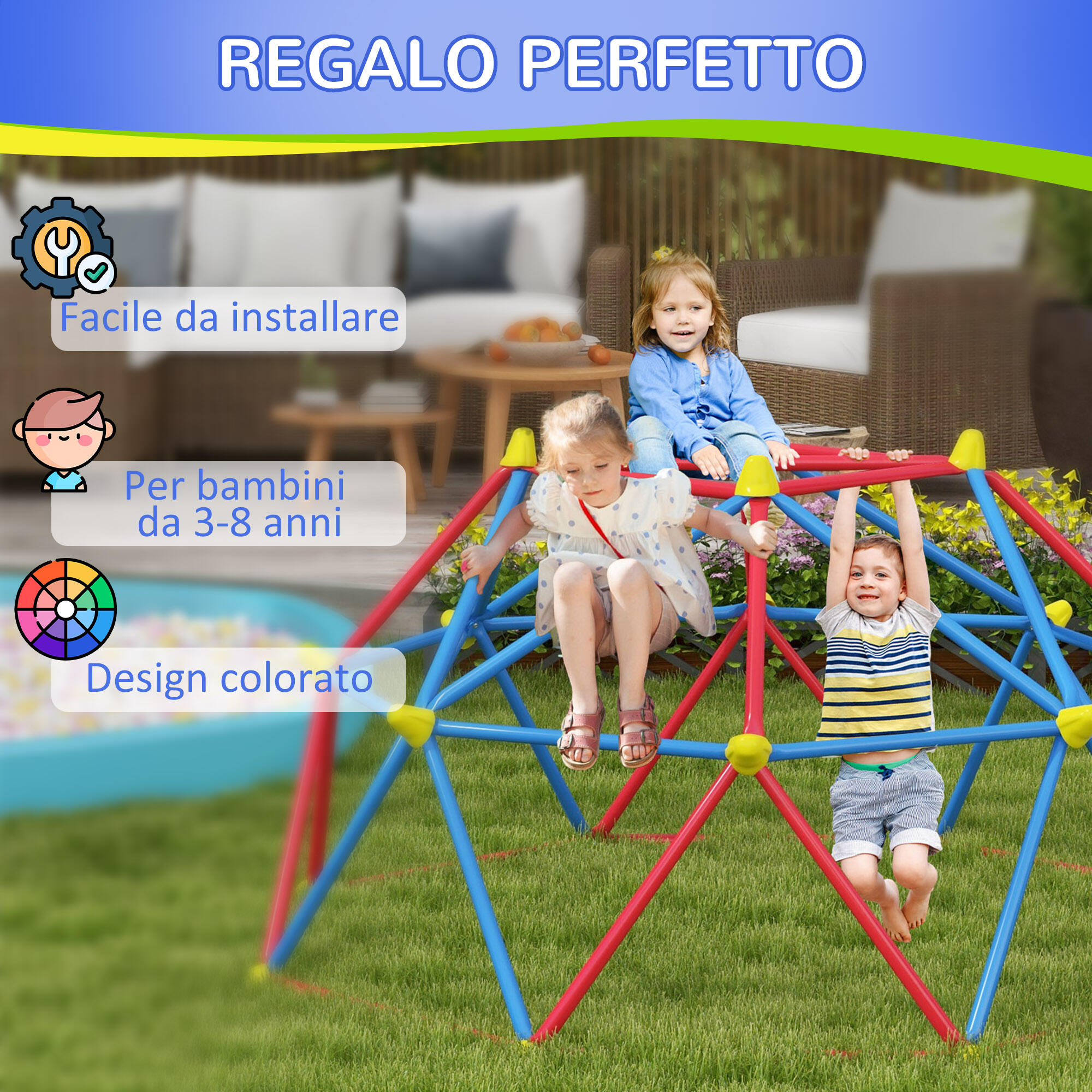 Outsunny Cupola per Arrampicata Bambini 3-8 Anni in Metallo Ø183x90cm 7/7
