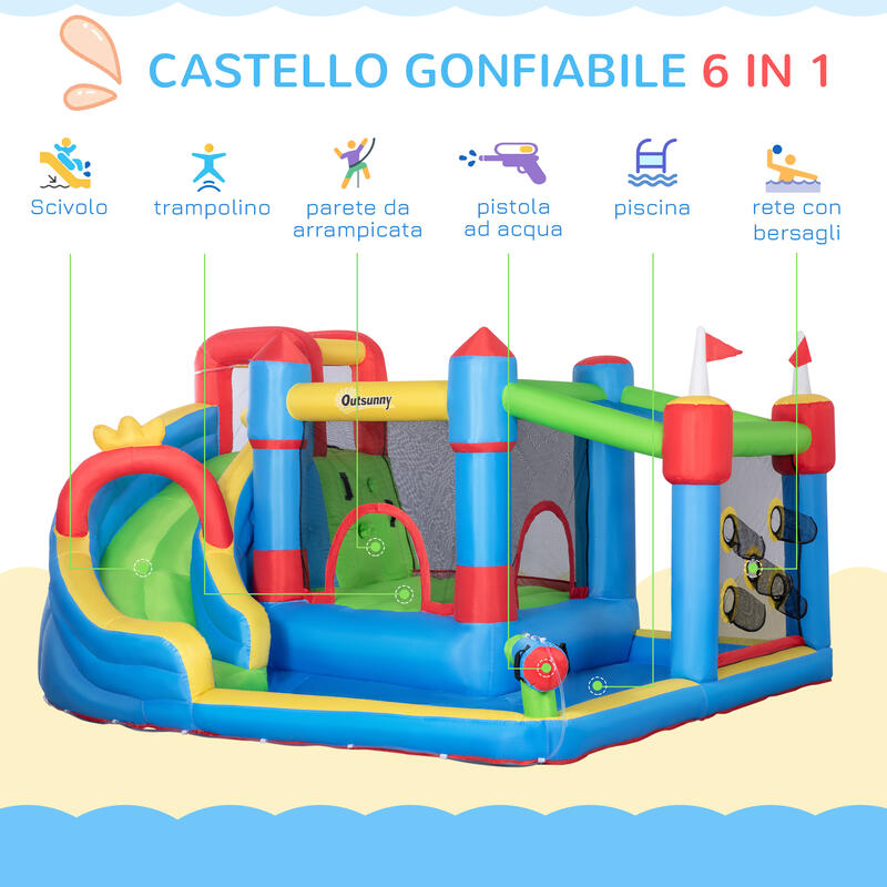 Outsunny Castello Gonfiabile per Bambini con Scivolo Trampolino e Piscina
