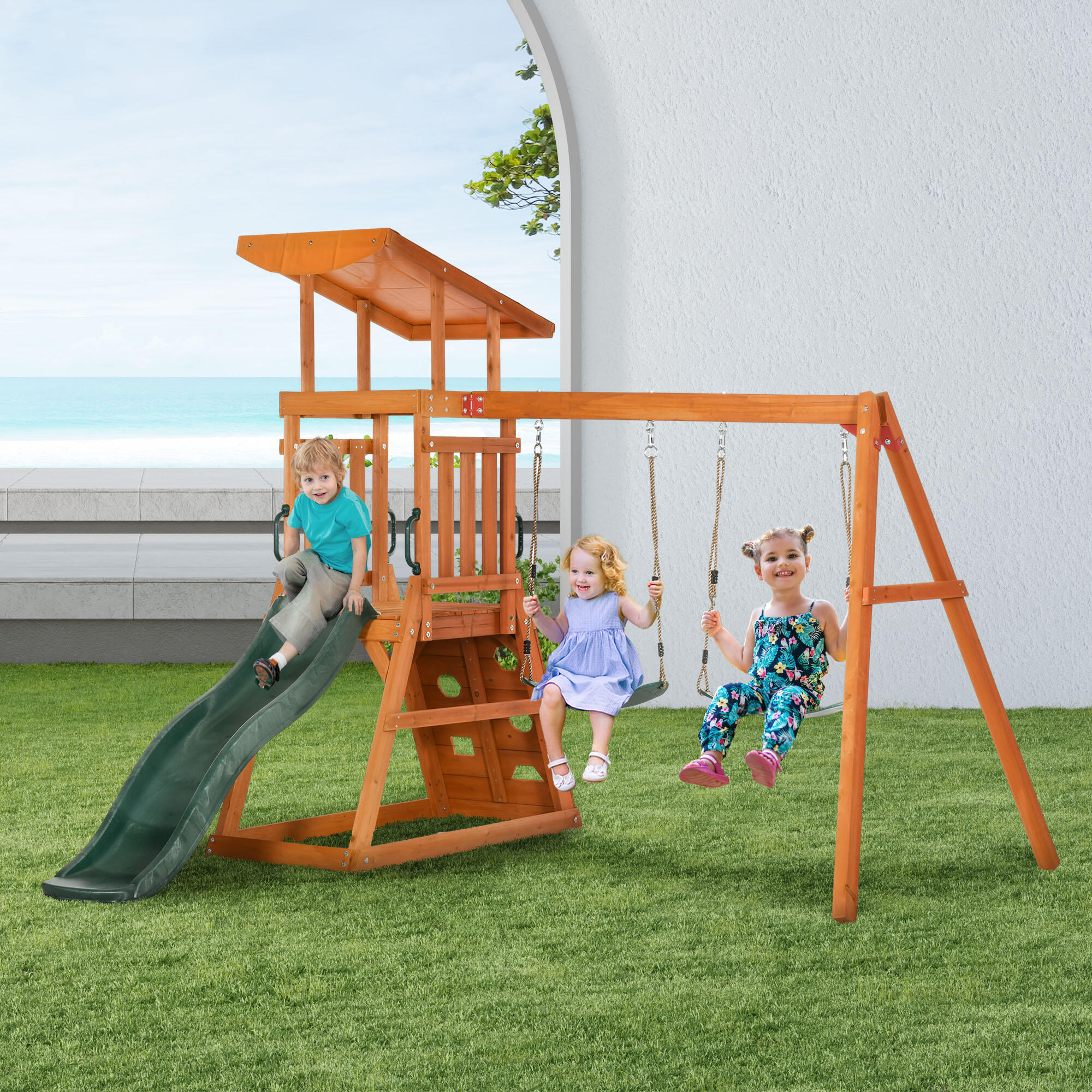 Altalena Giardino Scivolo Con Altalena In Legno Outsunny Set