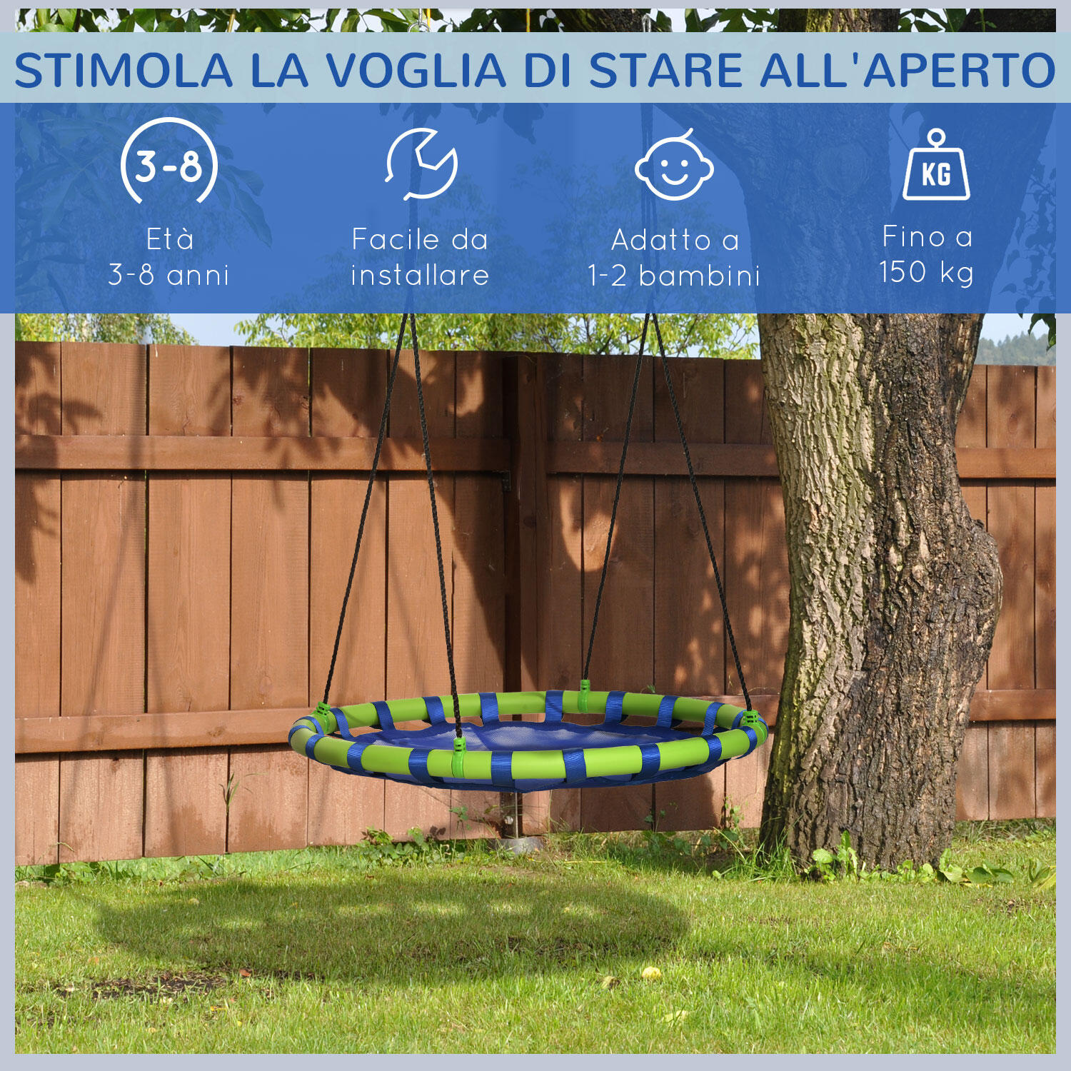 Outsunny Altalena per Bambini da 3-8 Anni da Giardino Ø100cm e Corde Regolabili 7/7
