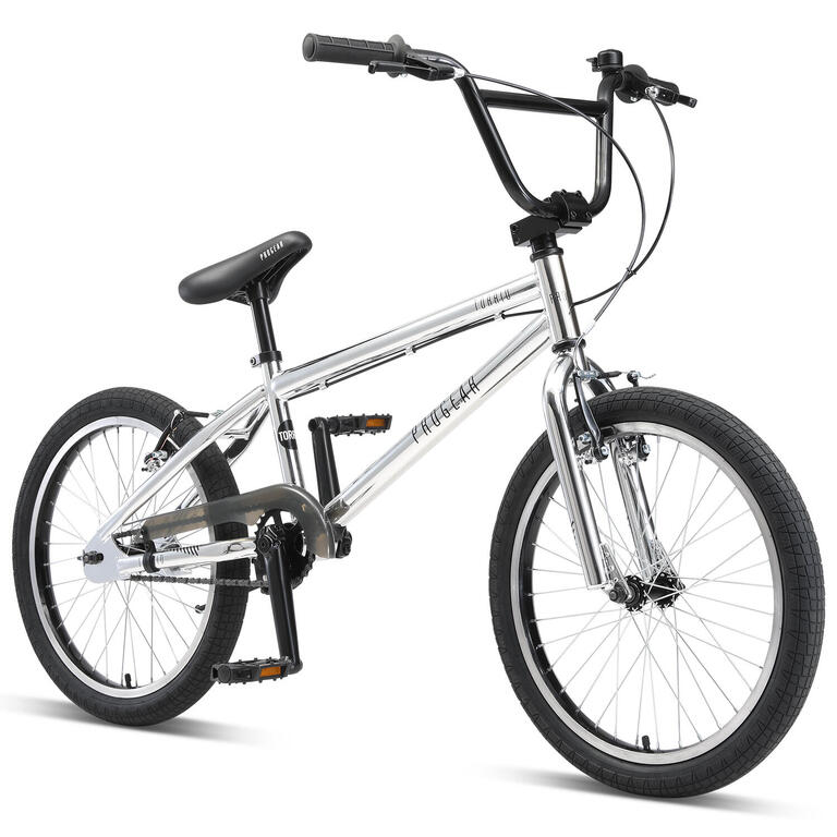 Silver BMX bike with a compact frame