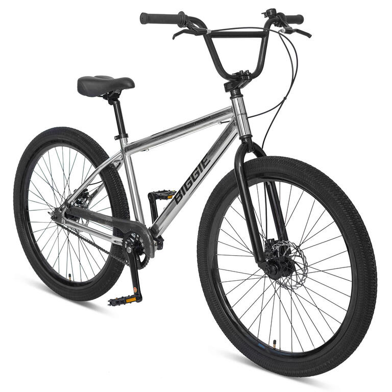 Chrome BMX bike with a large frame, side angle