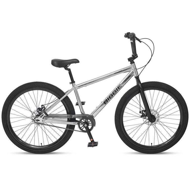 Chrome BMX bike, front angle showing wheel and forks
