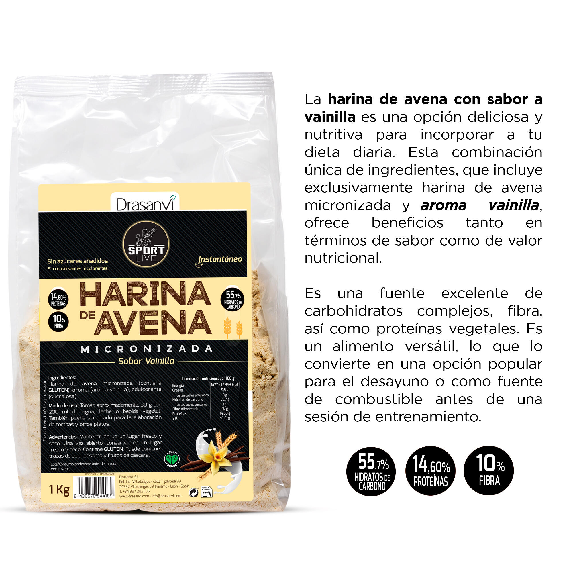 Harina Avena Sabor Vainilla Sport Live - Sin azúcares añadidos - 1Kg - DRASANVI 3/6
