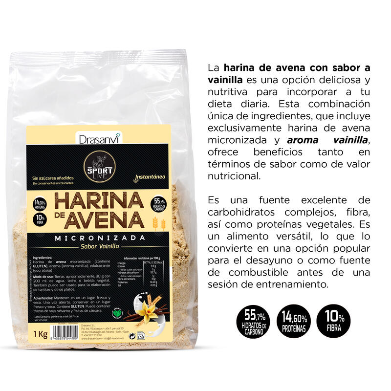 Harina Avena Sabor Vainilla Sport Live - Sin azúcares añadidos - 1Kg - DRASANVI