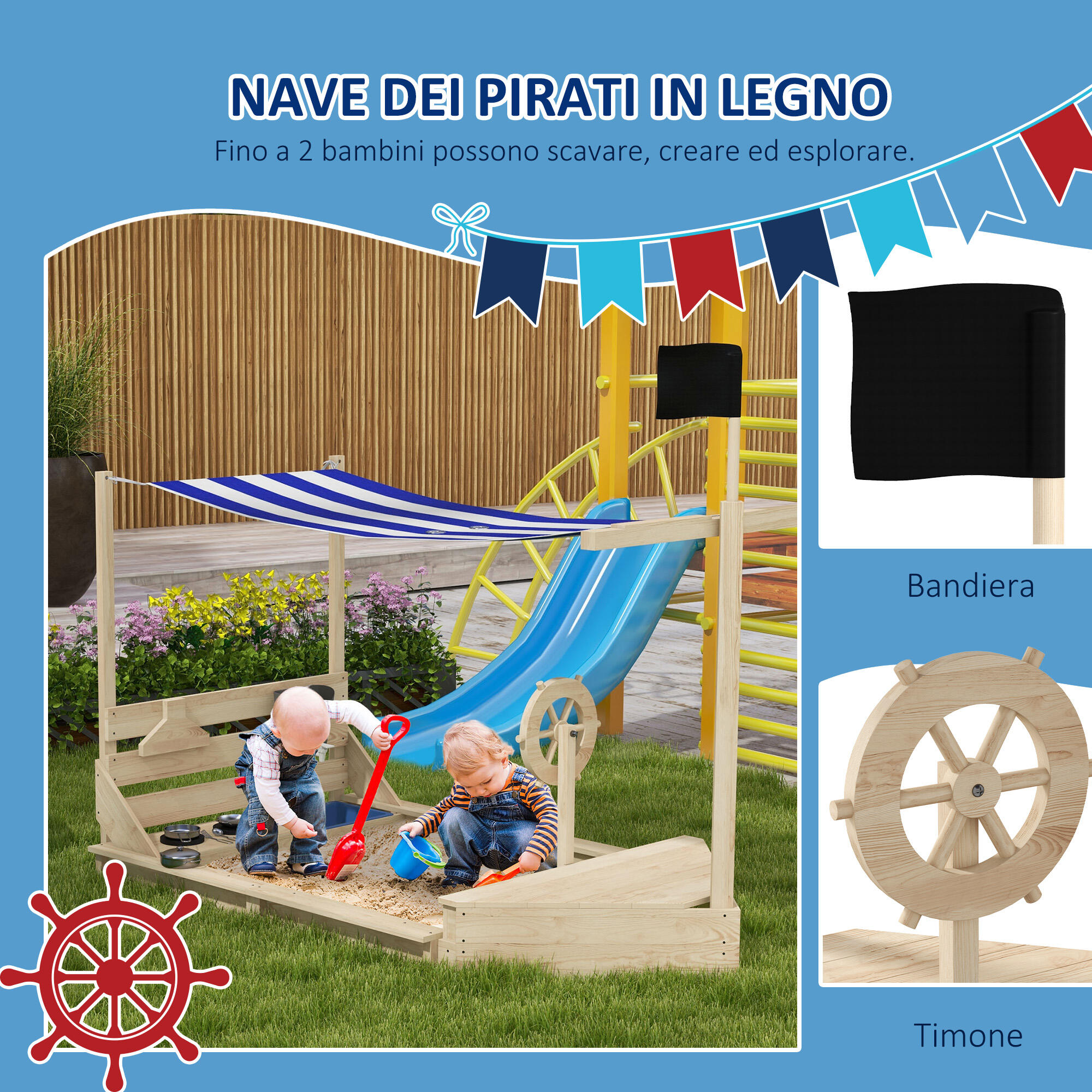 Outsunny Sabbiera per Bambini 3-7 Anni con Tettuccio e Set da Cucina Giocattolo 4/7