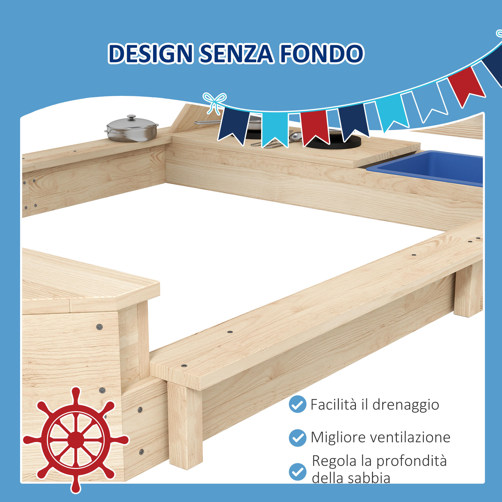 Outsunny Sabbiera per Bambini 3-7 Anni con Tettuccio e Set da Cucina Giocattolo 5/7
