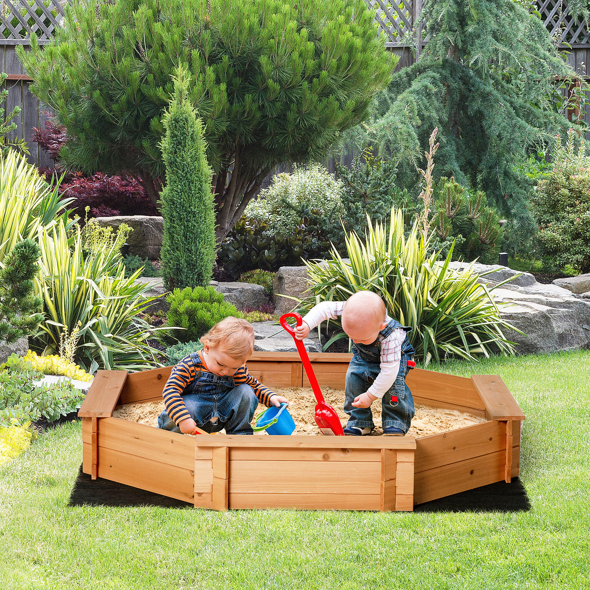 Outsunny Sabbiera per Bambini 3-8 Anni in Legno Ottagonale Sedili e Copertura 2/8