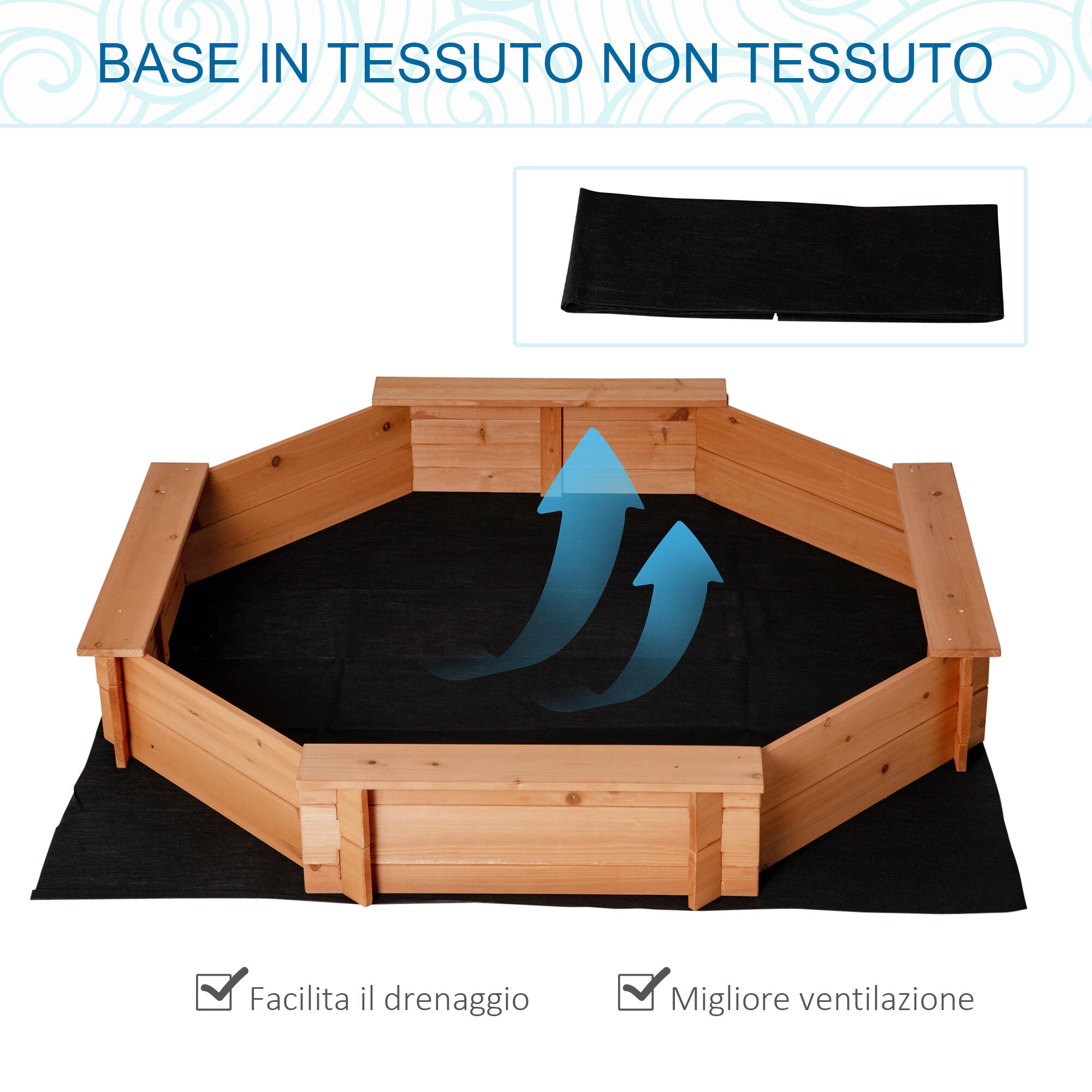Outsunny Sabbiera per Bambini 3-8 Anni in Legno Ottagonale Sedili e Copertura 6/8