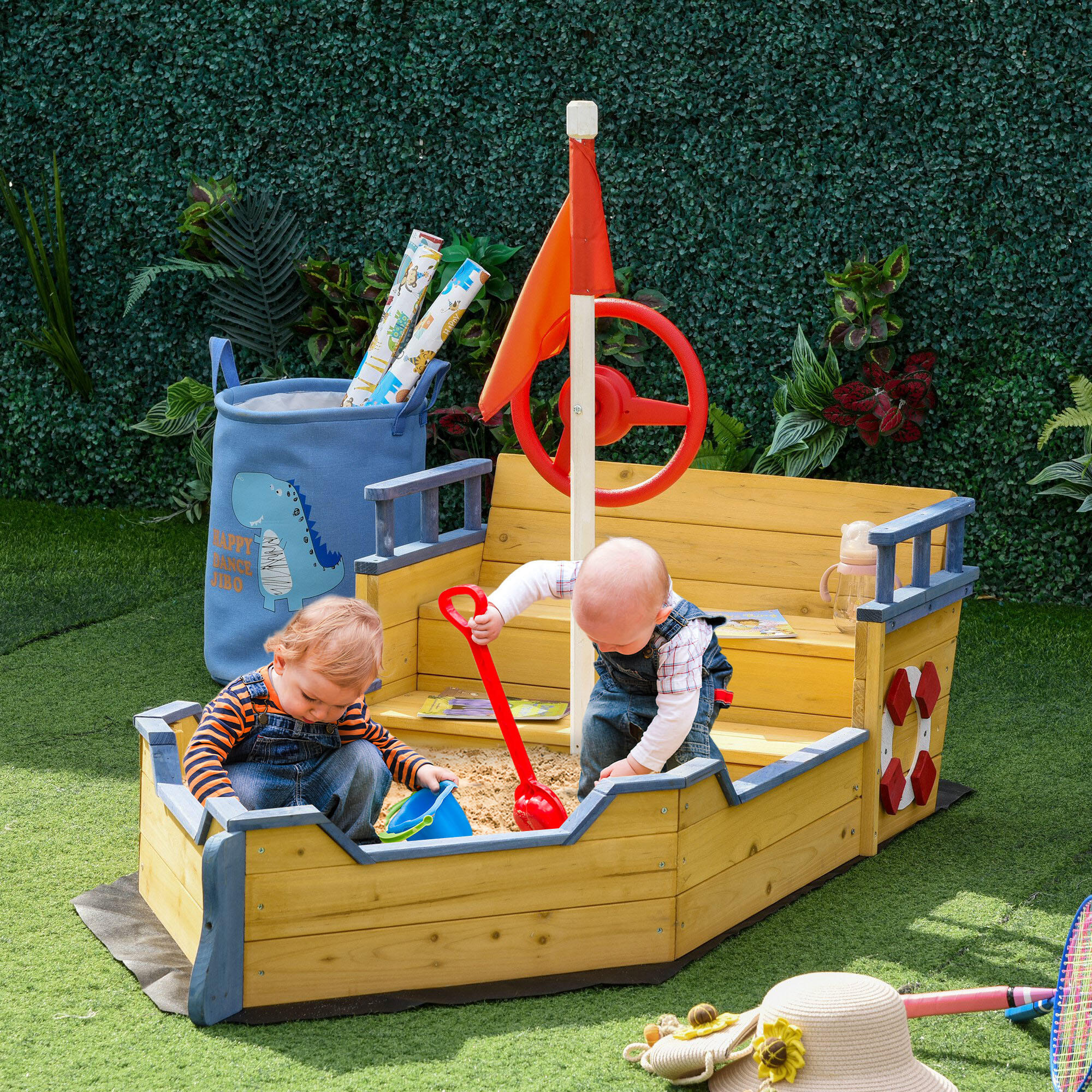 Outsunny Sabbiera per Bimbi in Legno Nave dei Pirati con Vano Contenitore 2/8