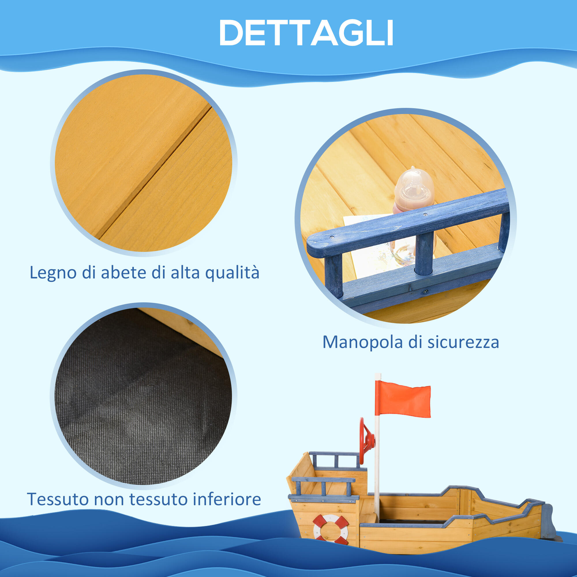 Outsunny Sabbiera per Bimbi in Legno Nave dei Pirati con Vano Contenitore 7/8