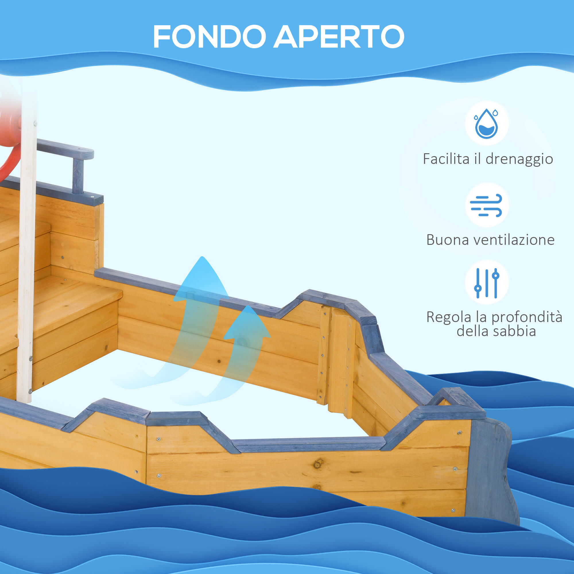 Outsunny Sabbiera per Bimbi in Legno Nave dei Pirati con Vano Contenitore 6/8