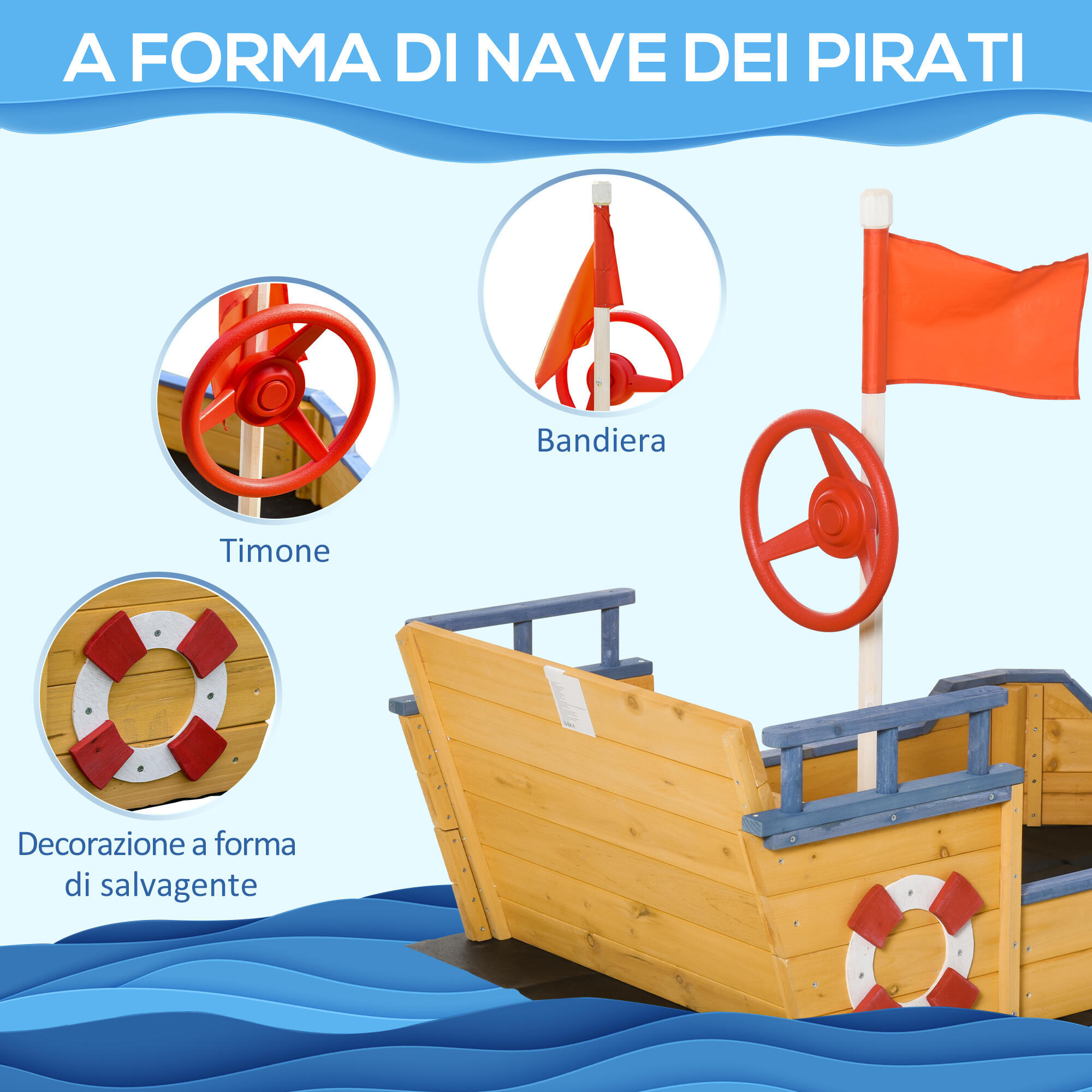 Outsunny Sabbiera per Bimbi in Legno Nave dei Pirati con Vano Contenitore 4/8