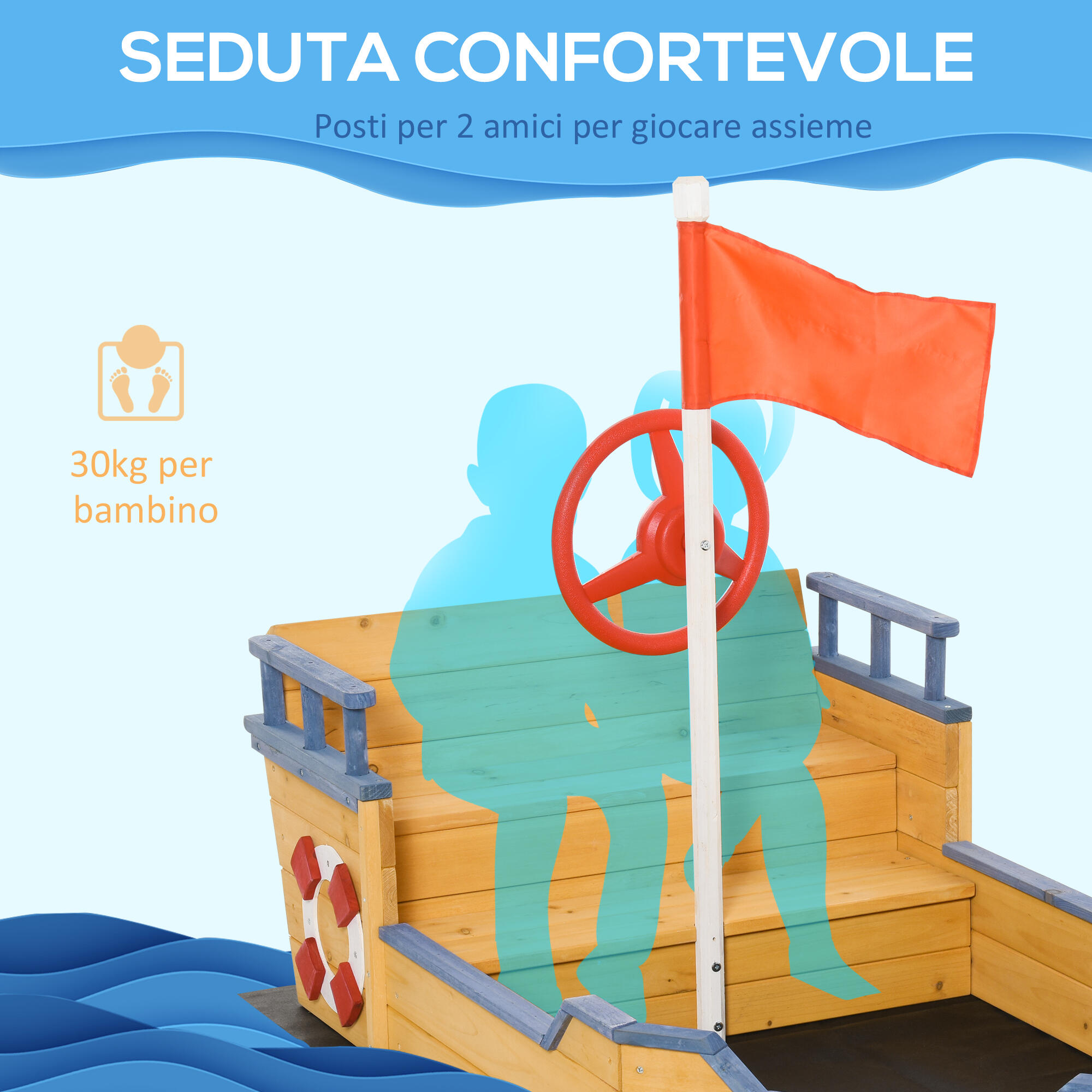 Outsunny Sabbiera per Bimbi in Legno Nave dei Pirati con Vano Contenitore 5/8