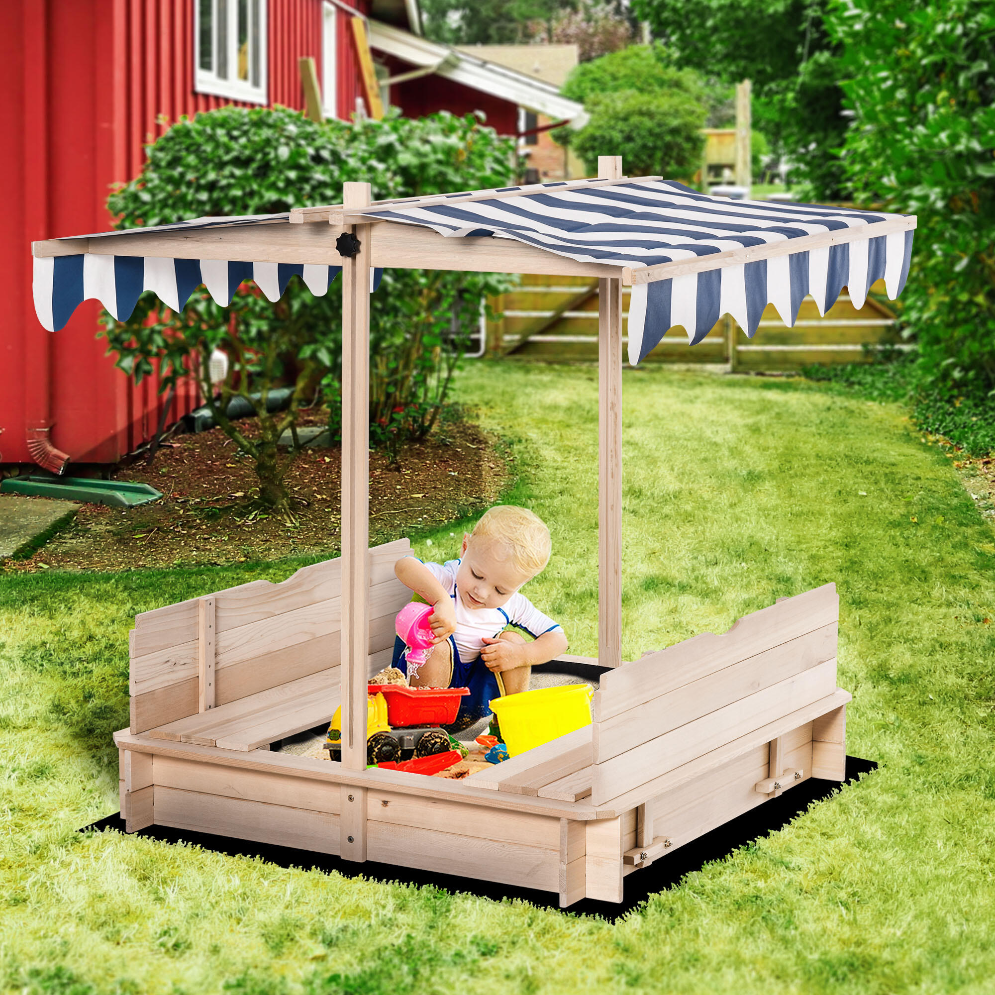Outsunny Sabbiera per Bambini in Legno con Tettuccio Parasole Panca e Coperchio 2/8