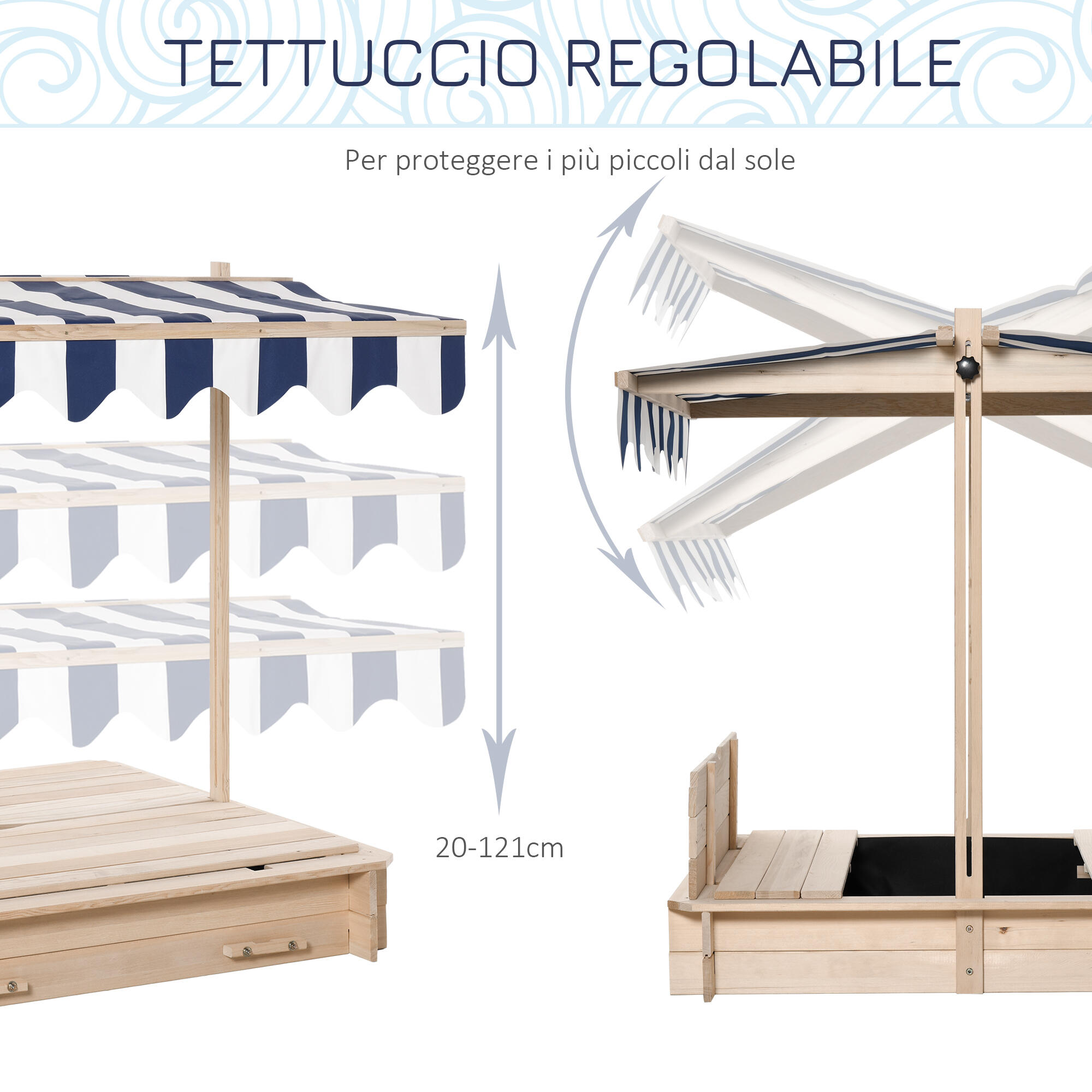 Outsunny Sabbiera per Bambini in Legno con Tettuccio Parasole Panca e Coperchio 4/8