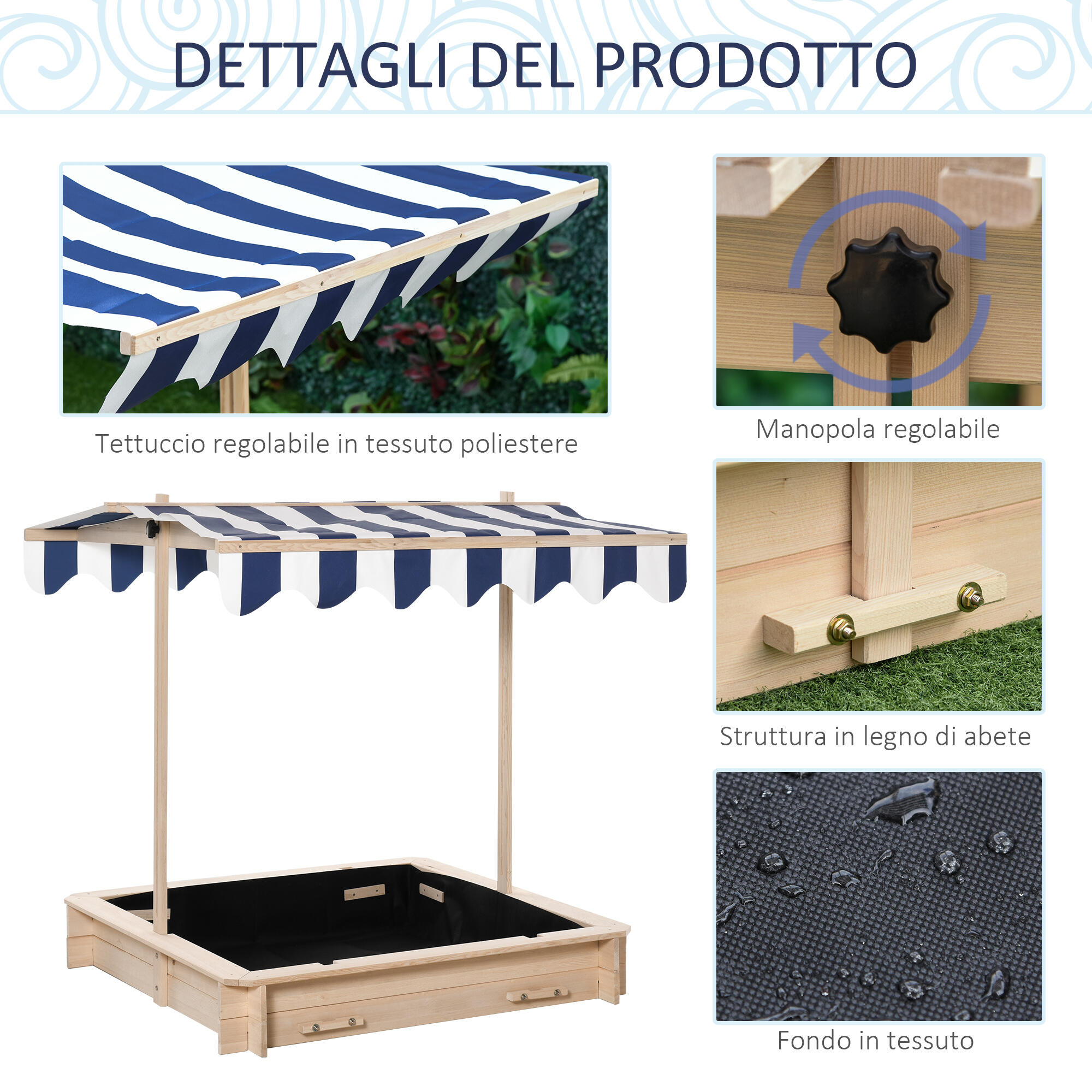 Outsunny Sabbiera per Bambini in Legno con Tettuccio Parasole Panca e Coperchio 7/8