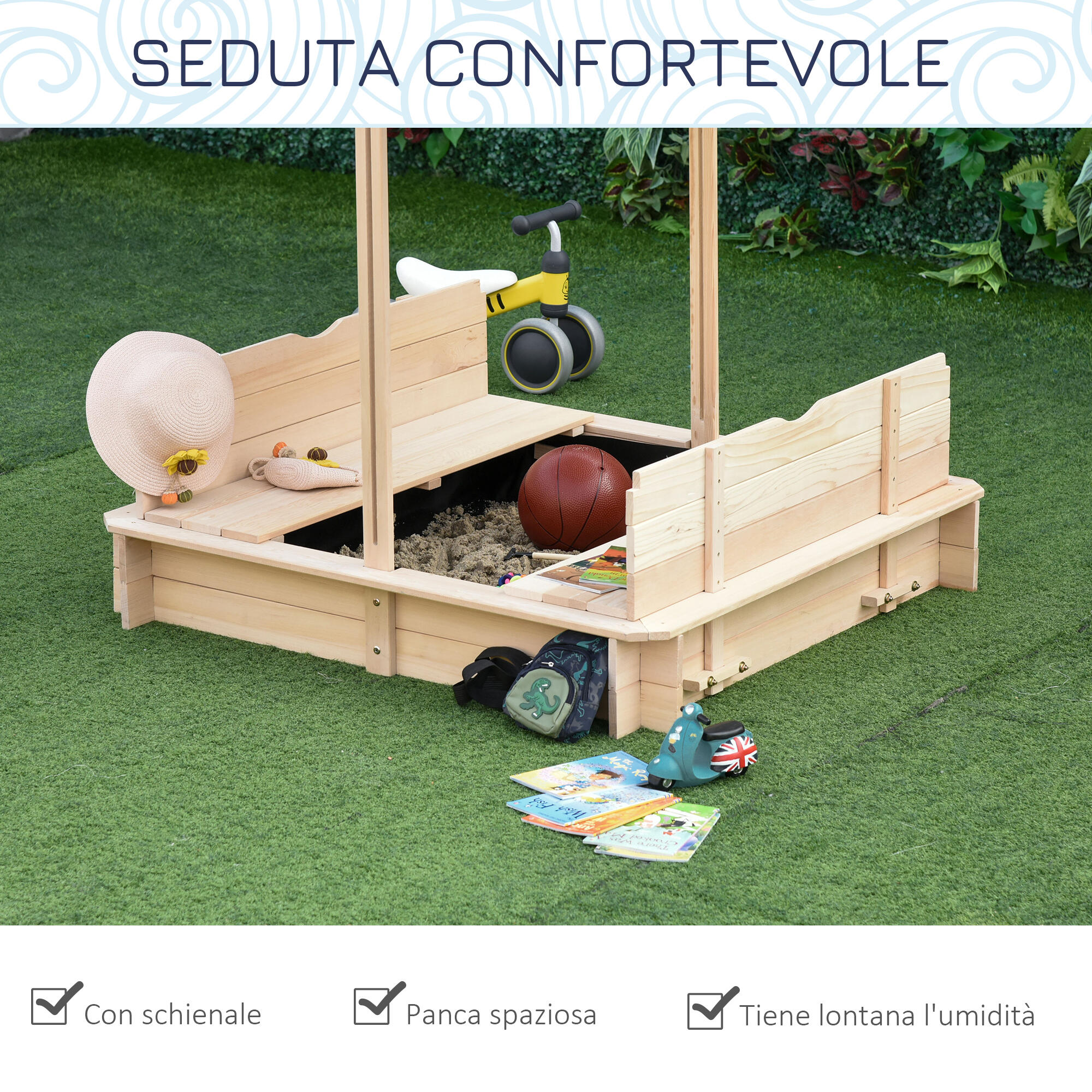 Outsunny Sabbiera per Bambini in Legno con Tettuccio Parasole Panca e Coperchio 6/8