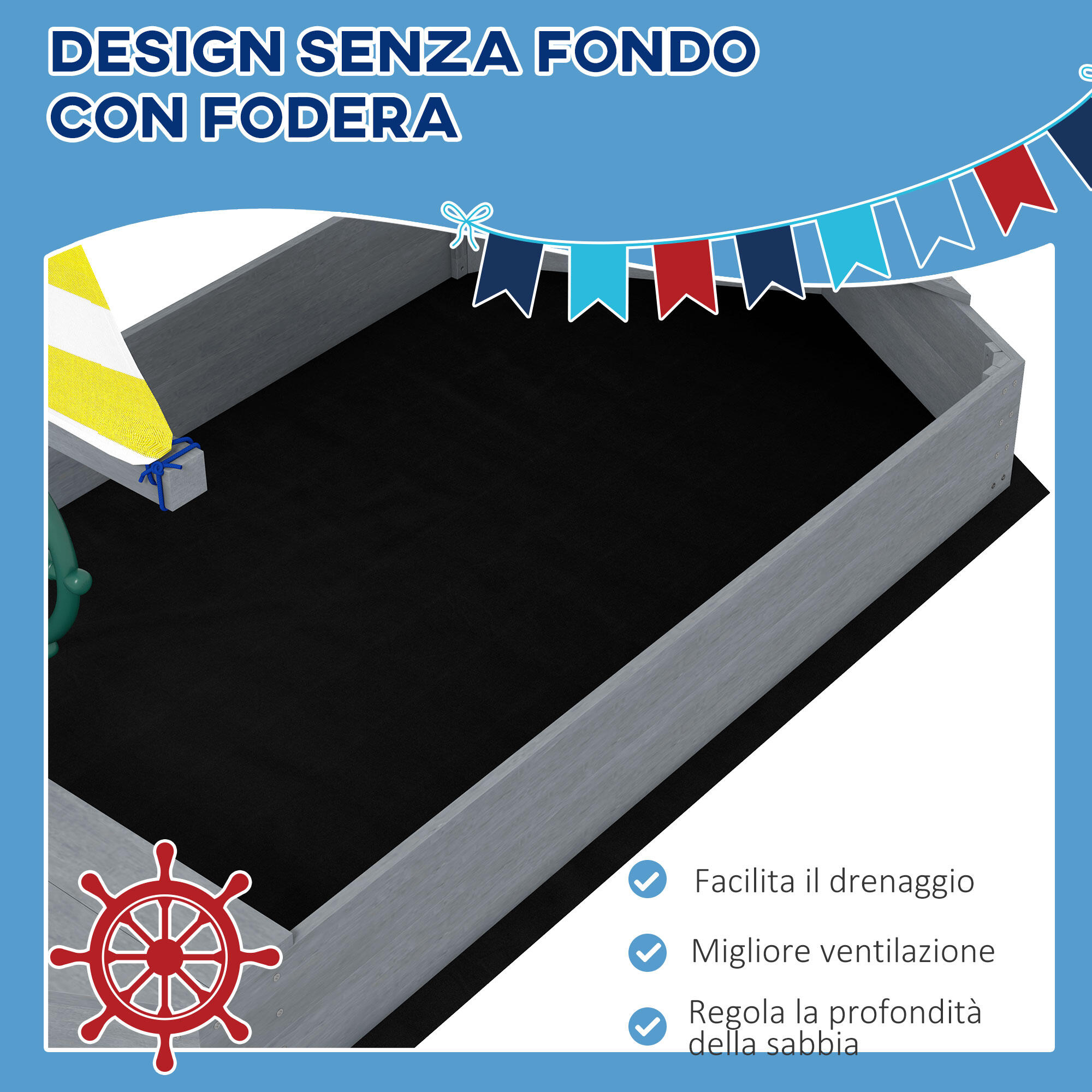 Outsunny Sabbiera per Bambini 3-8 Anni a forma di Barca in Legno e Poliestere 5/7