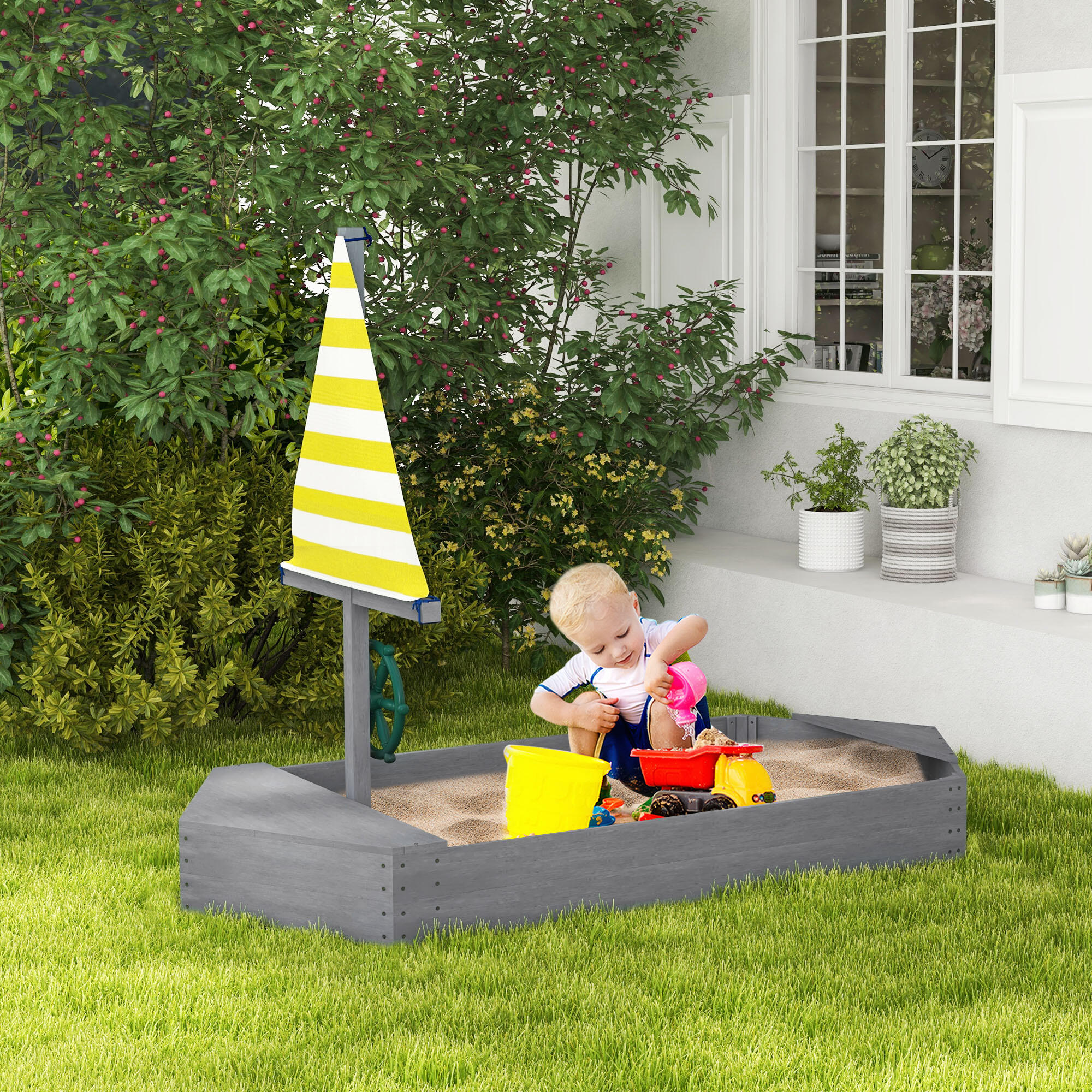 Outsunny Sabbiera per Bambini 3-8 Anni a forma di Barca in Legno e Poliestere 2/7