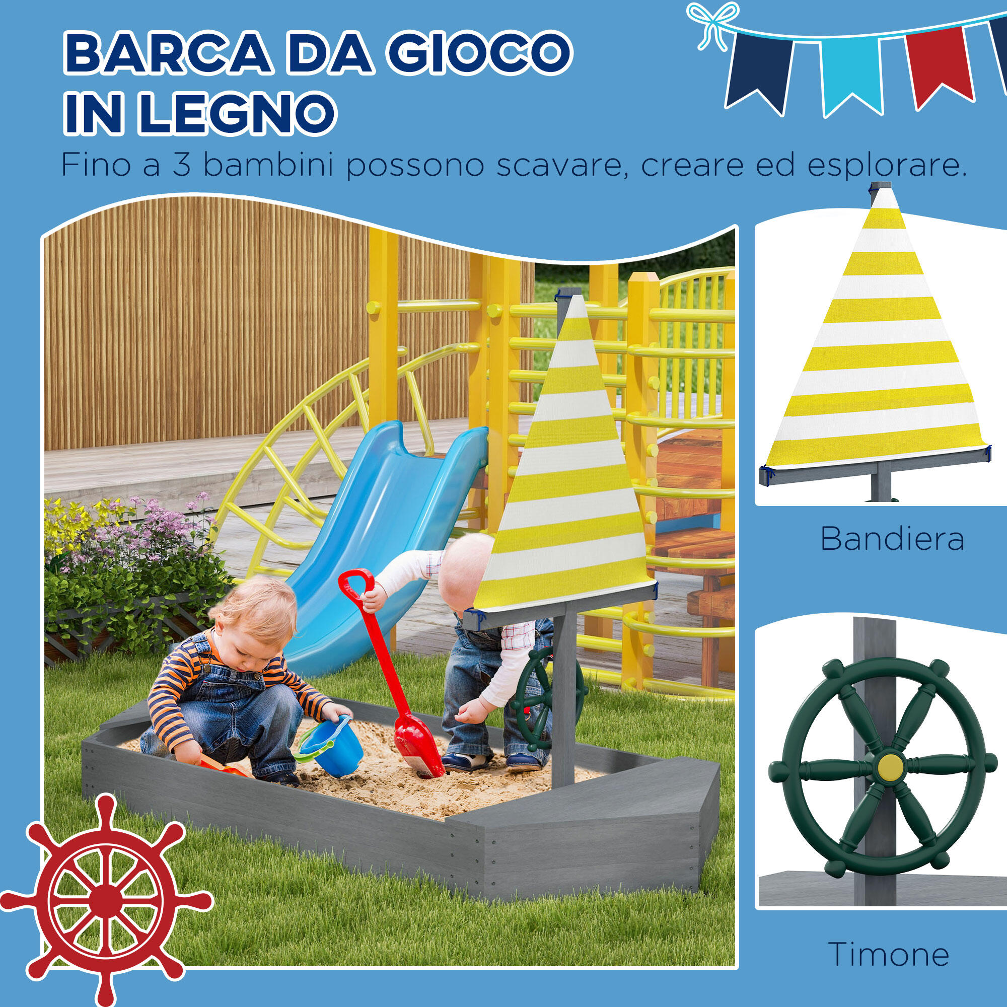 Outsunny Sabbiera per Bambini 3-8 Anni a forma di Barca in Legno e Poliestere 4/7
