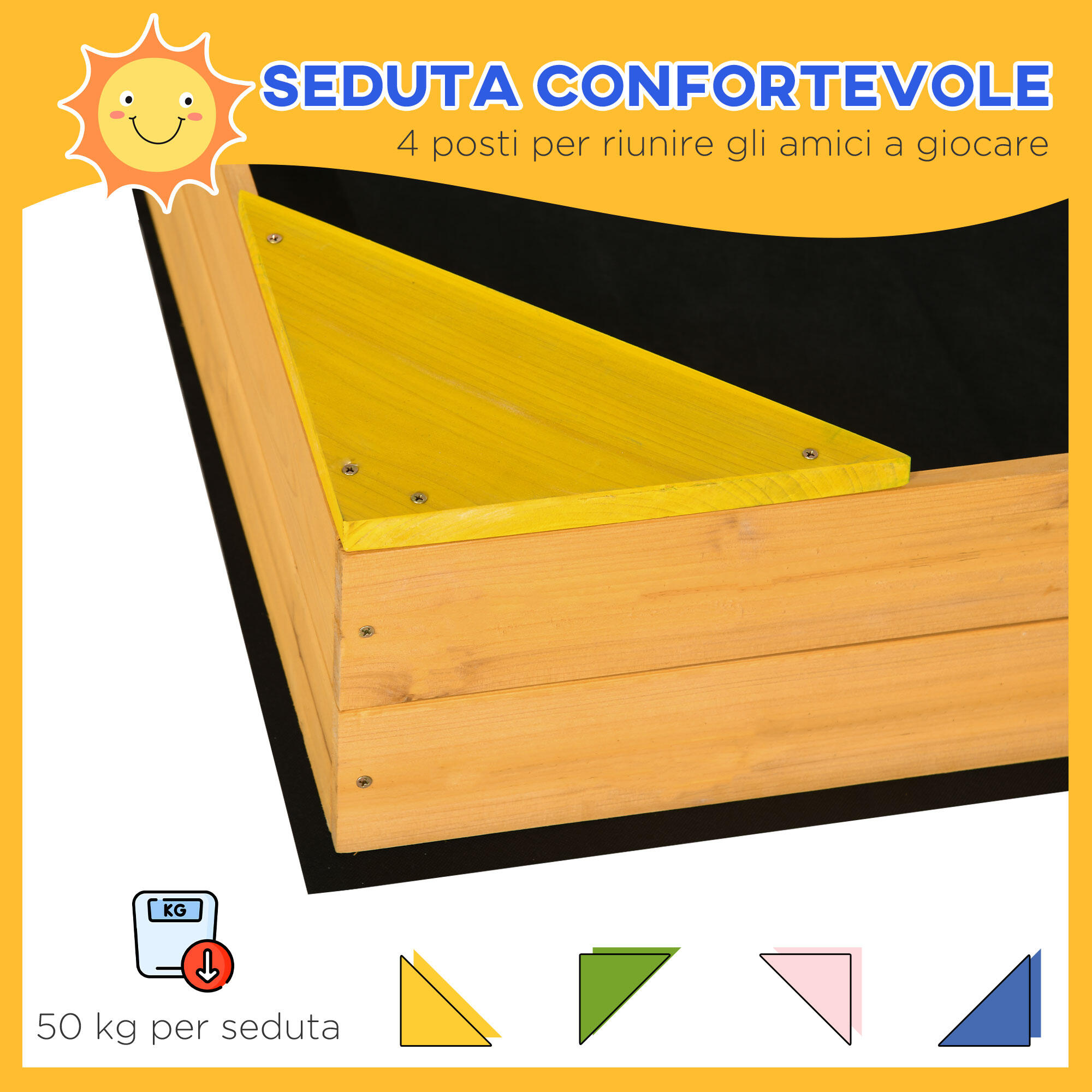 Outsunny Sabbiera per Bambini 4 Posti in Legno di Abete con Fodera Rimovibile 5/7