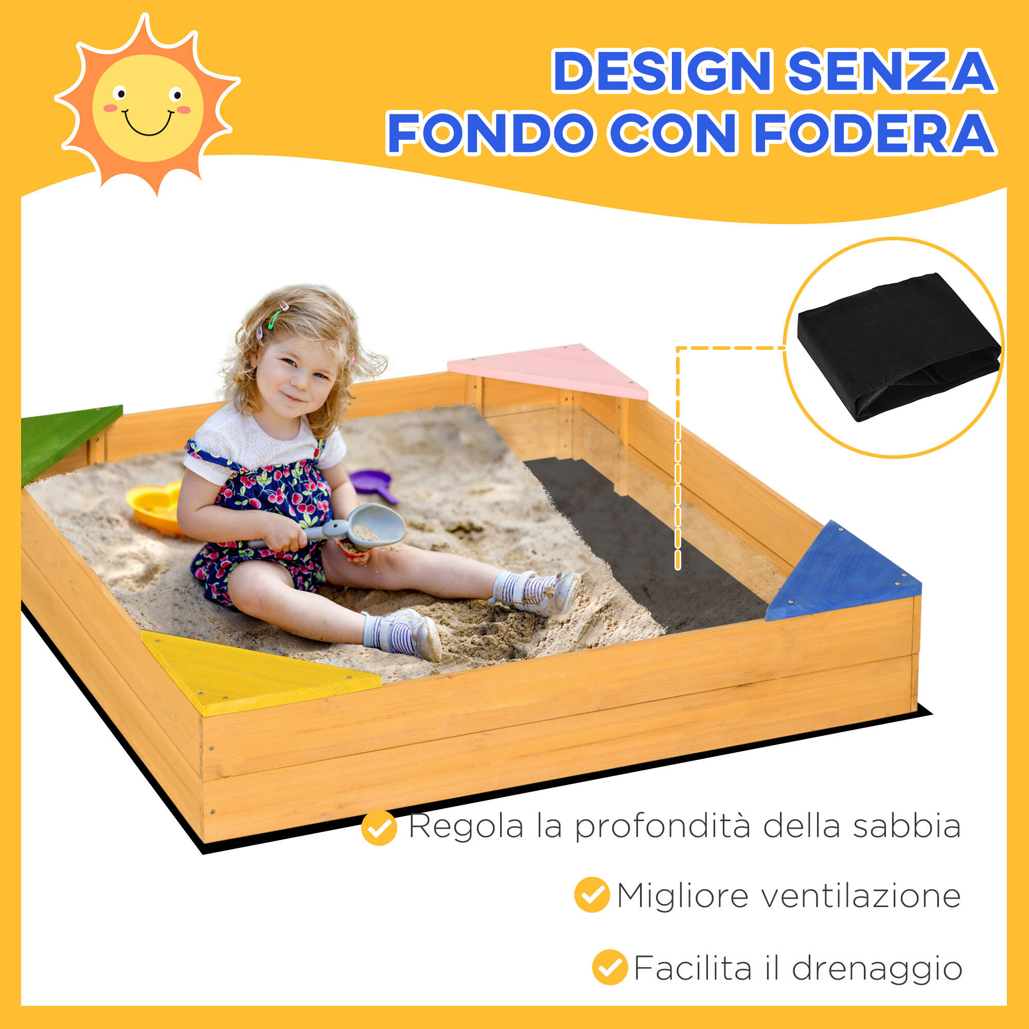 Outsunny Sabbiera per Bambini 4 Posti in Legno di Abete con Fodera Rimovibile 4/7