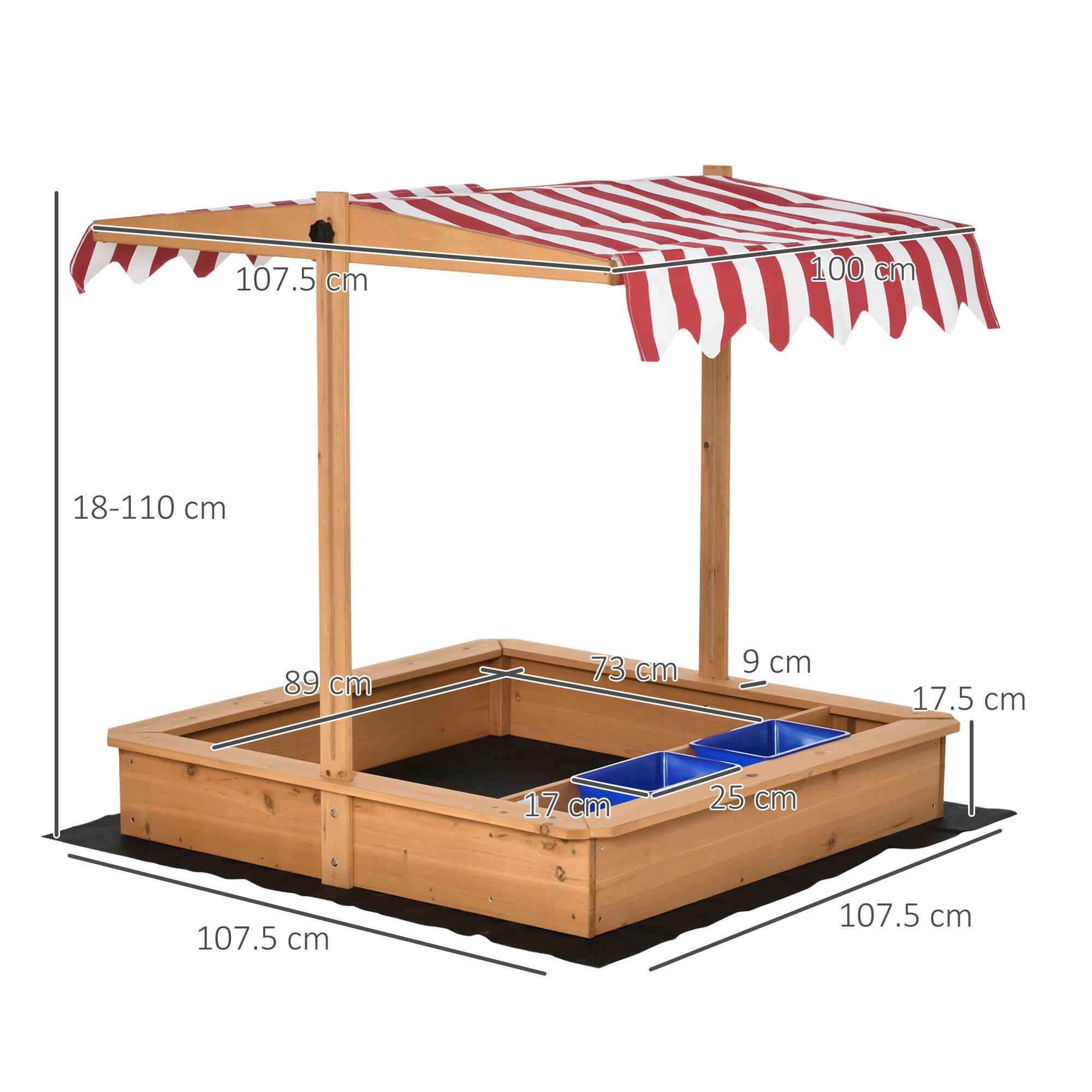 Outsunny Sabbiera per Bambini in Legno Tettuccio Regolabile Sedute e Vaschette 3/7