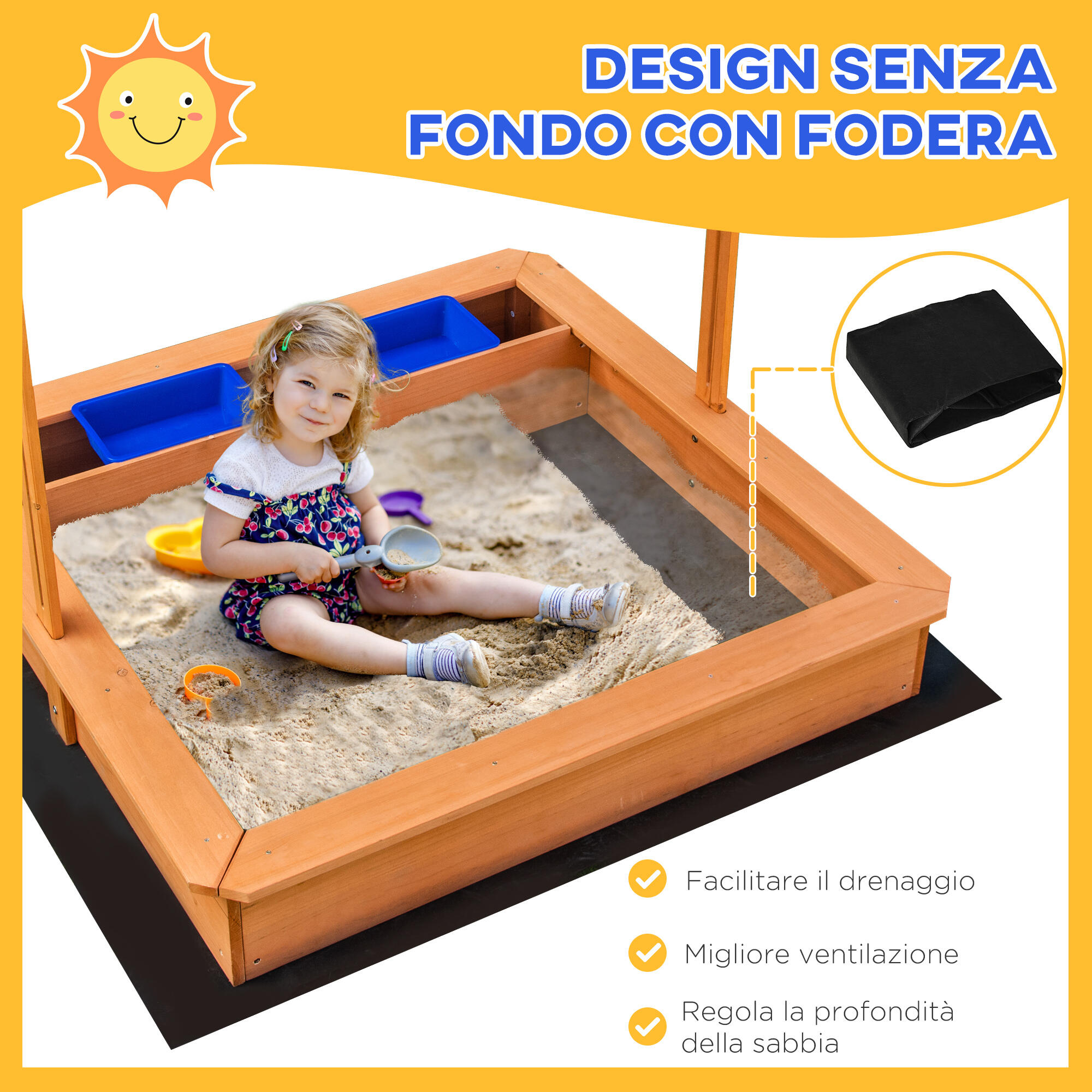 Outsunny Sabbiera per Bambini in Legno Tettuccio Regolabile Sedute e Vaschette 6/7