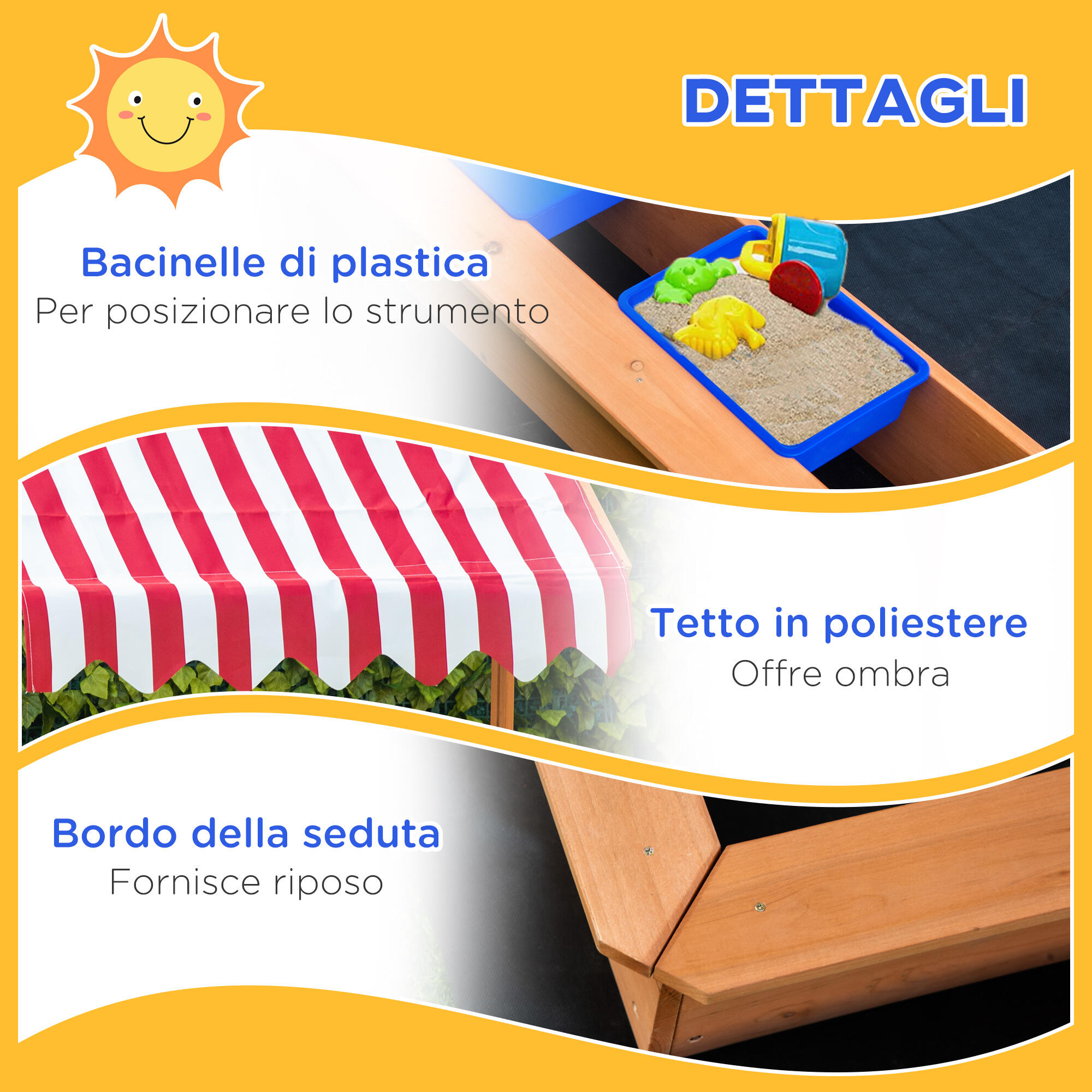 Outsunny Sabbiera per Bambini in Legno Tettuccio Regolabile Sedute e Vaschette 5/7