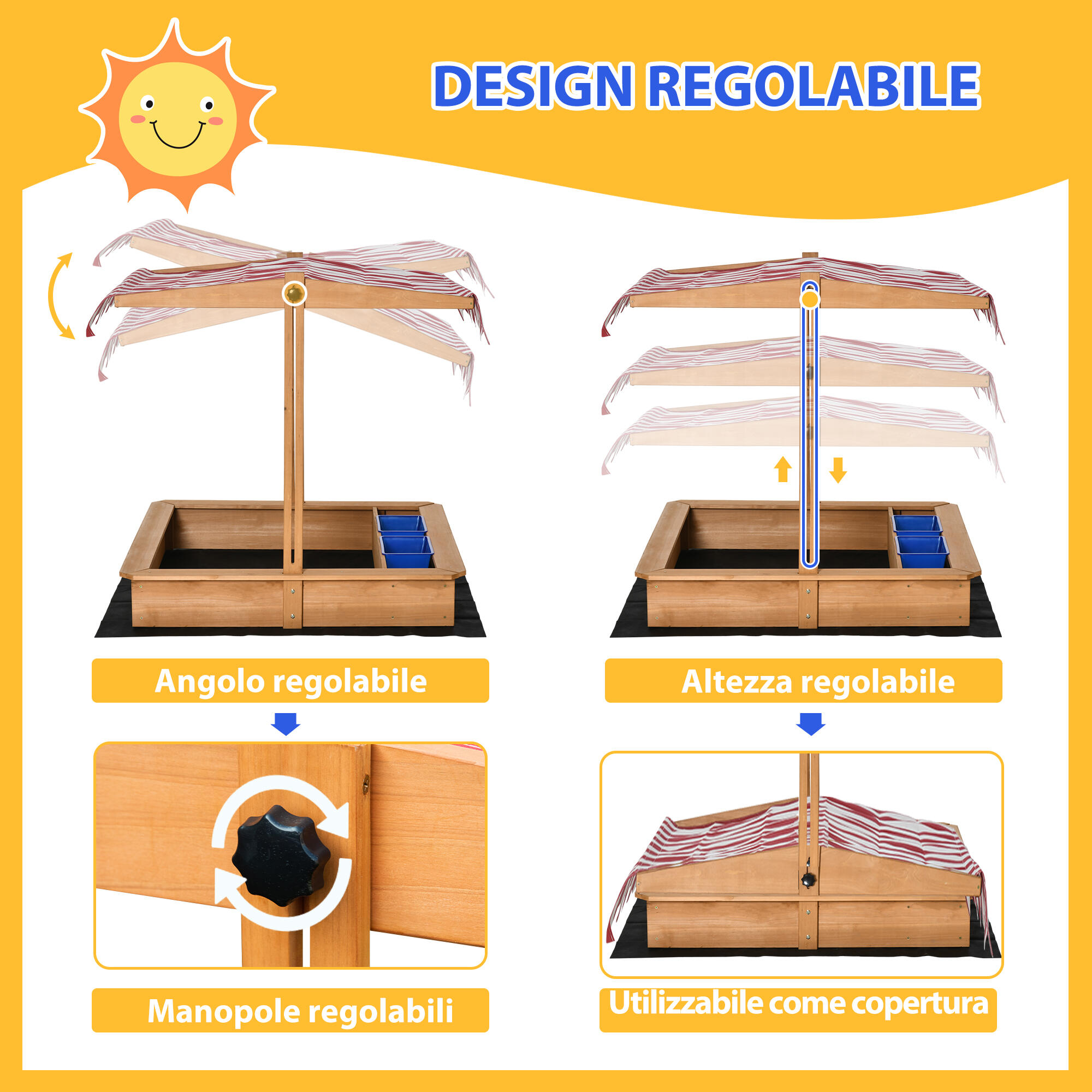 Outsunny Sabbiera per Bambini in Legno Tettuccio Regolabile Sedute e Vaschette 4/7