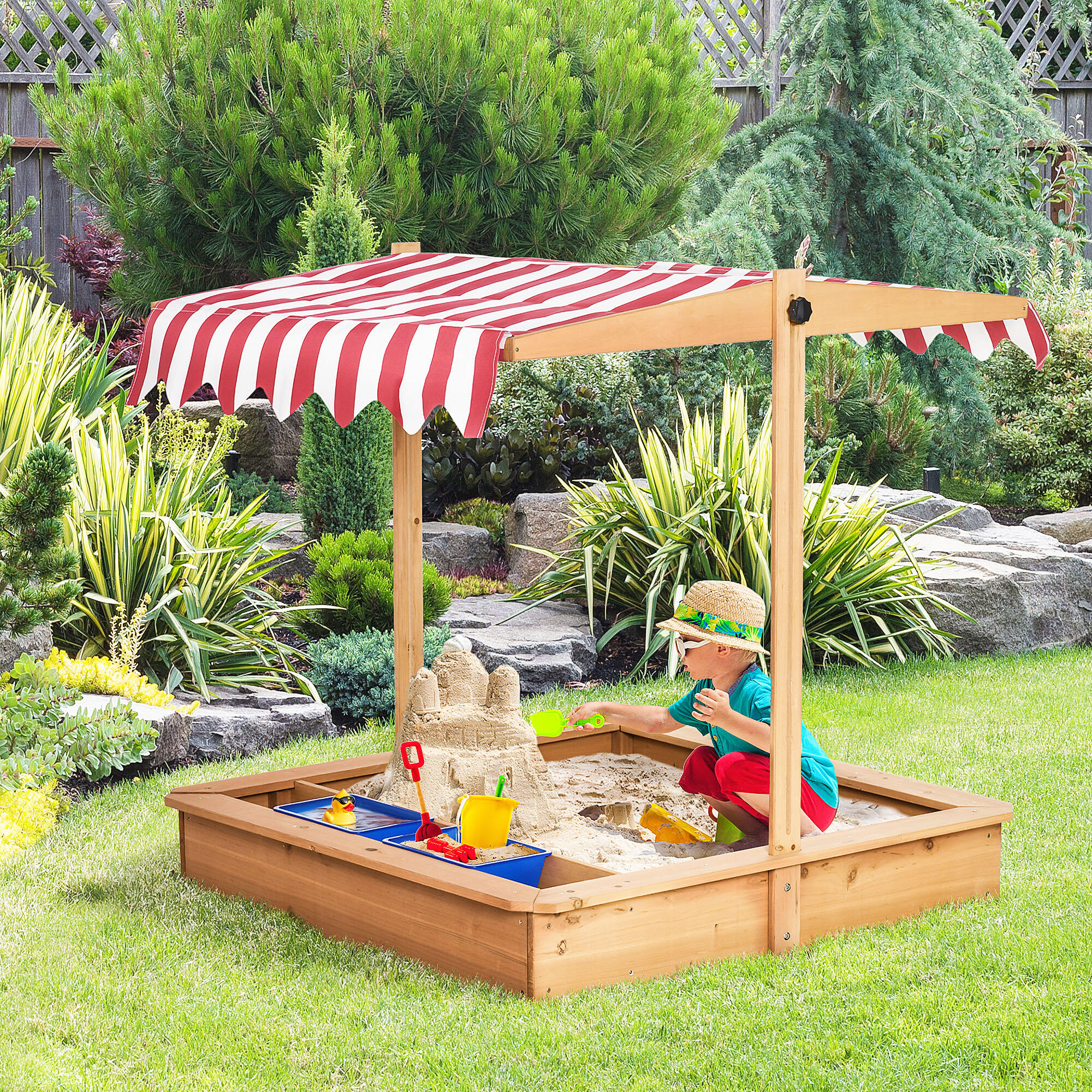 Outsunny Sabbiera per Bambini in Legno Tettuccio Regolabile Sedute e Vaschette 2/7