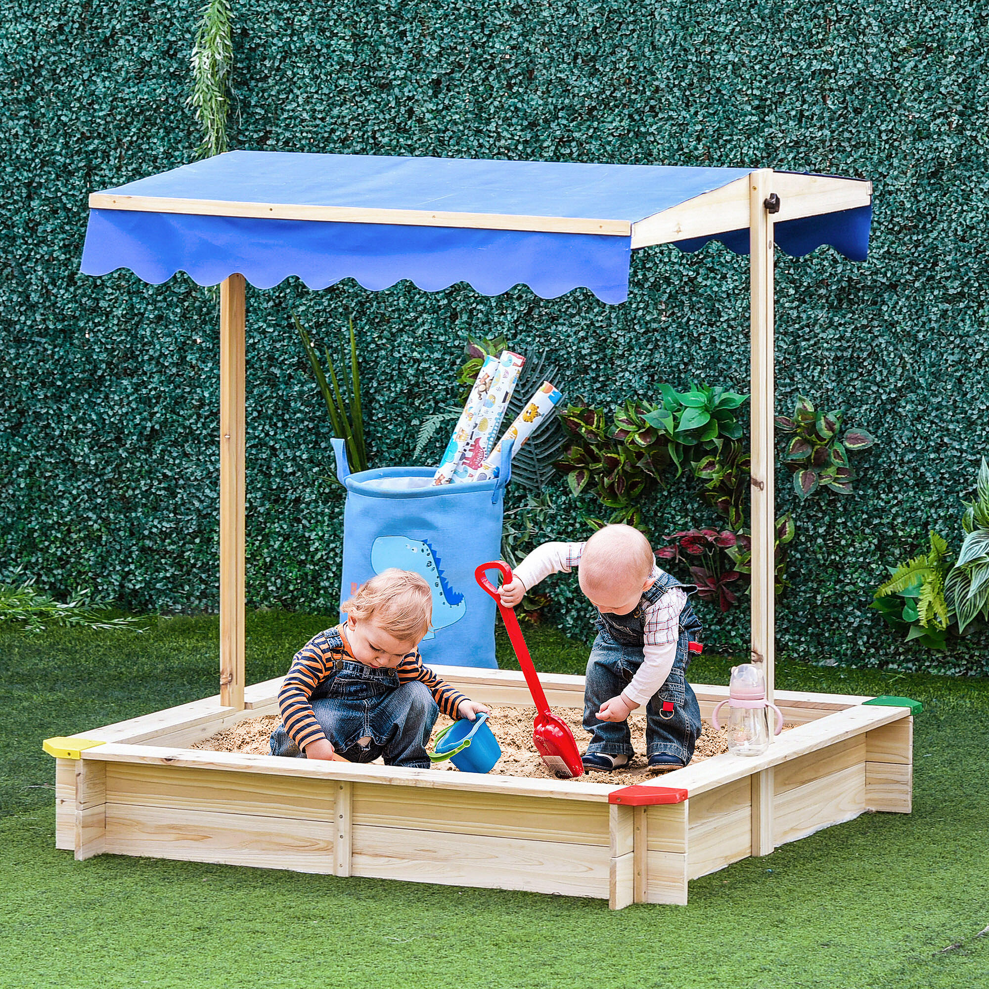 Outsunny Sabbiera per Bambini in Legno con Panca Tettuccio Parasole Regolabile 2/7