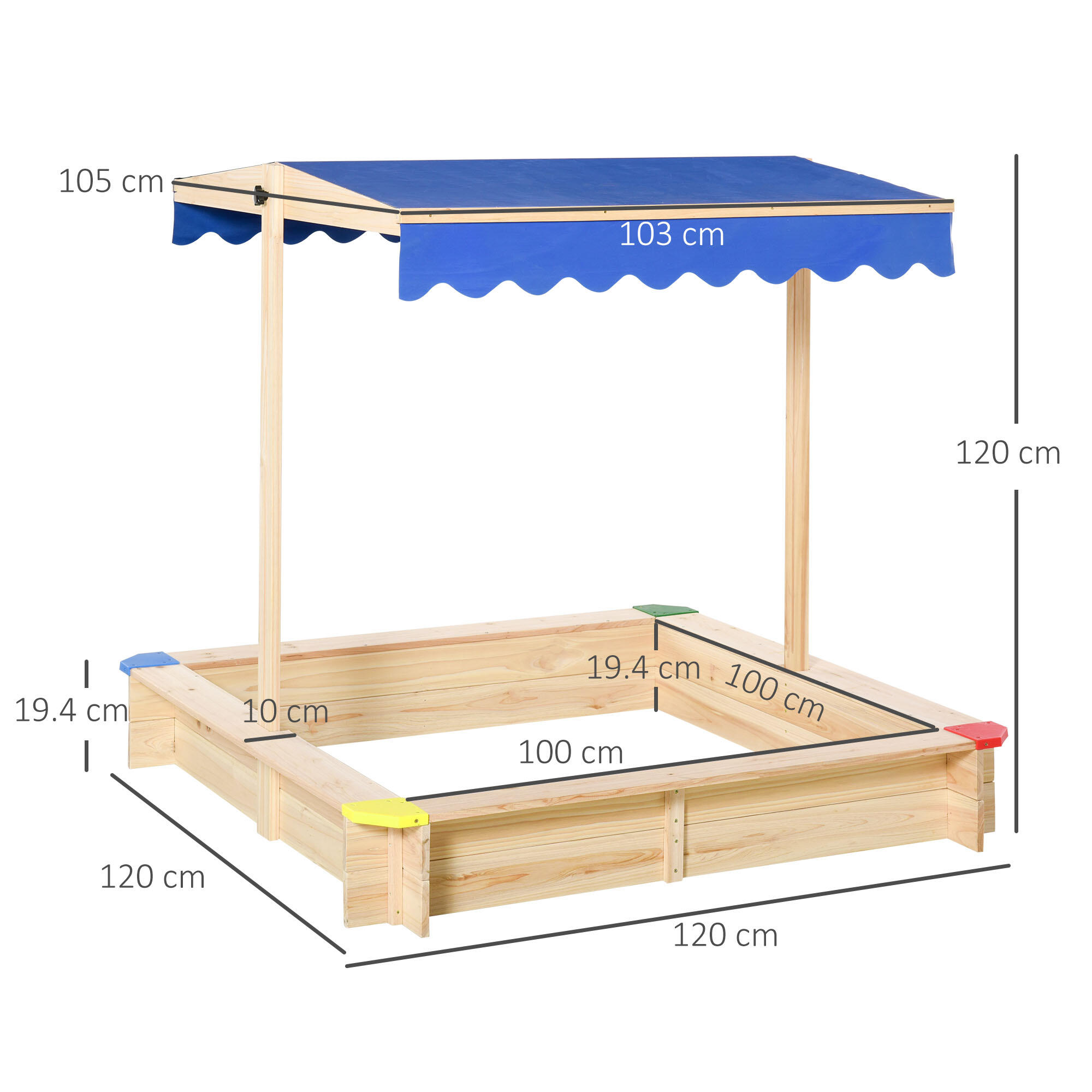 Outsunny Sabbiera per Bambini in Legno con Panca Tettuccio Parasole Regolabile 3/7