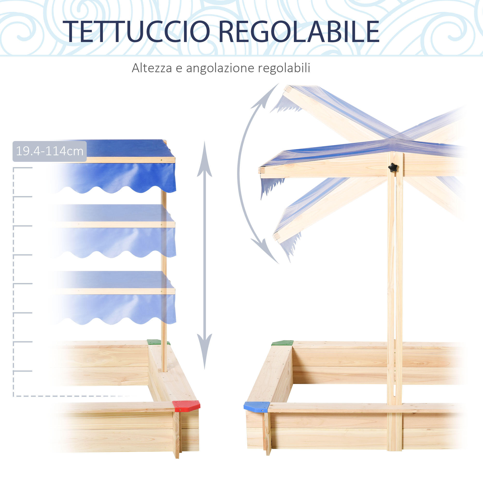 Outsunny Sabbiera per Bambini in Legno con Panca Tettuccio Parasole Regolabile 4/7