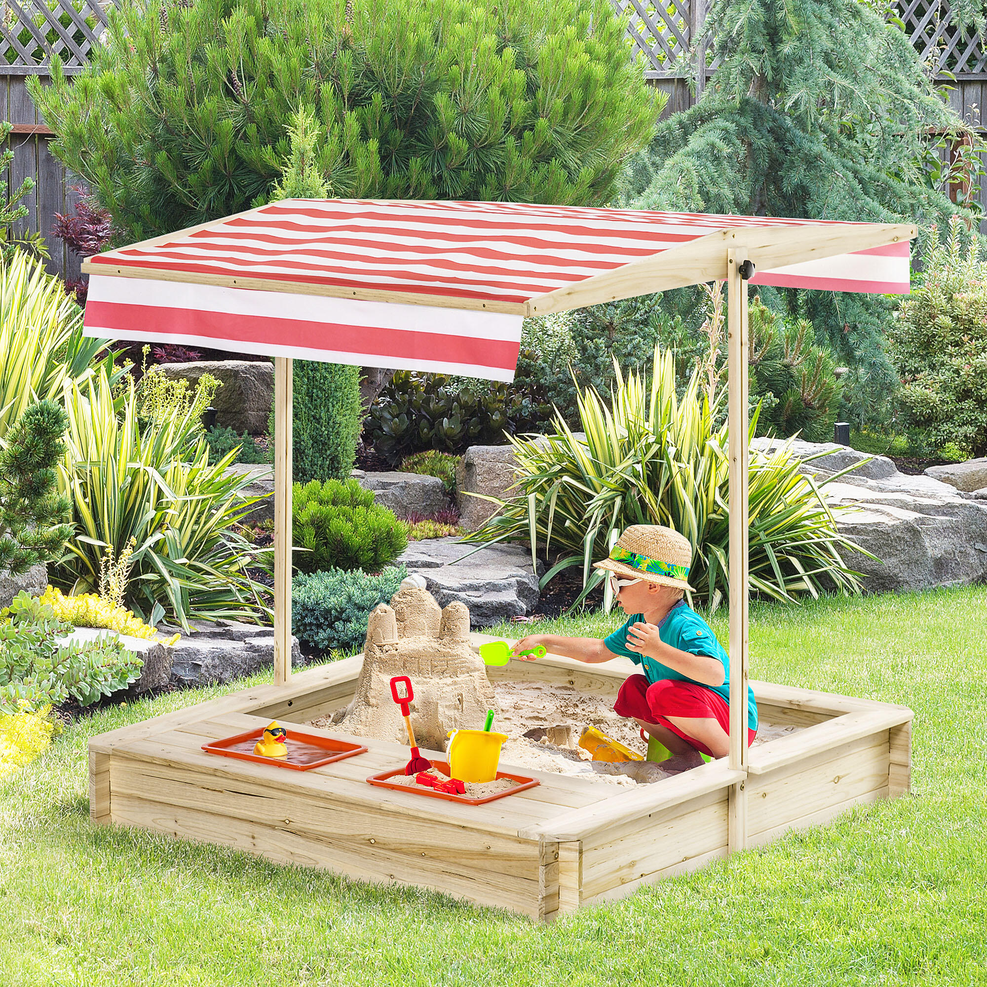 Outsunny Sabbiera per Bambini da Giardino in Legno con Tettuccio Regolabile 2/7