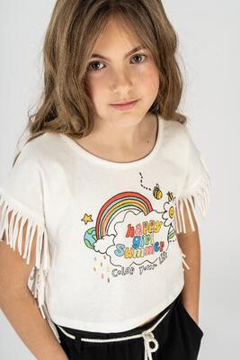 Charanga Camiseta de niña blanca detalle flecos