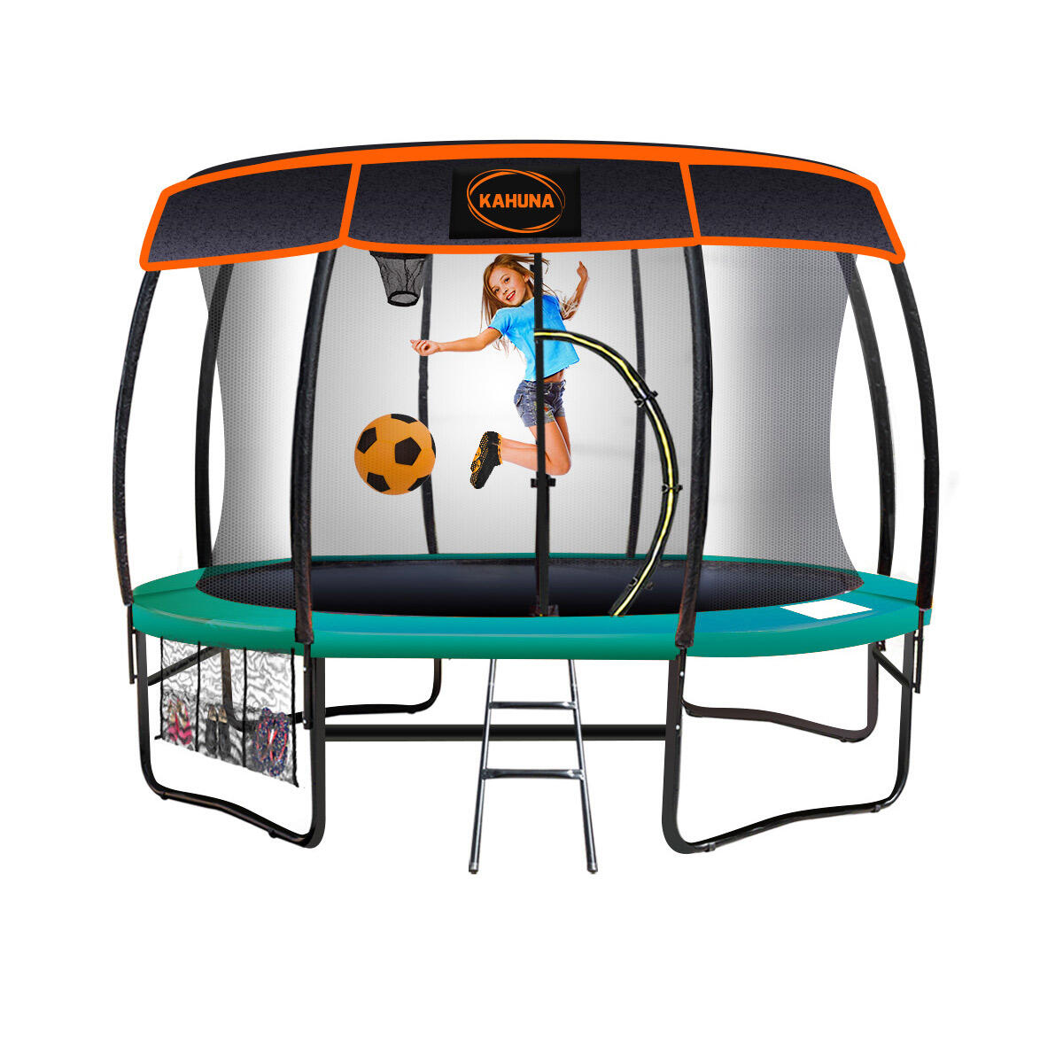 Kahuna Trampoline with Basketball Set and Roof