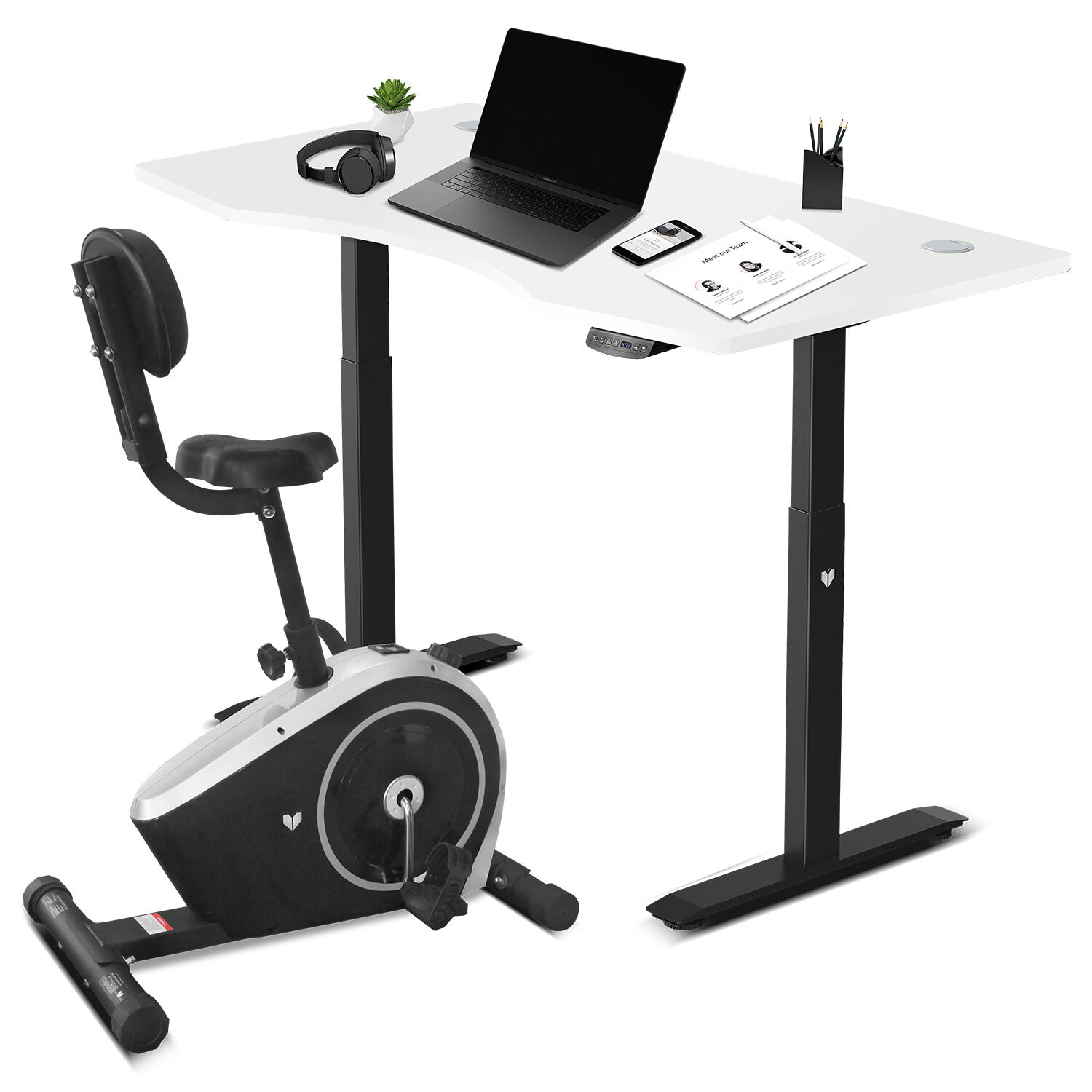 Exercise Bike with ErgoDesk Automatic Standing Desk 150cm in White/Black