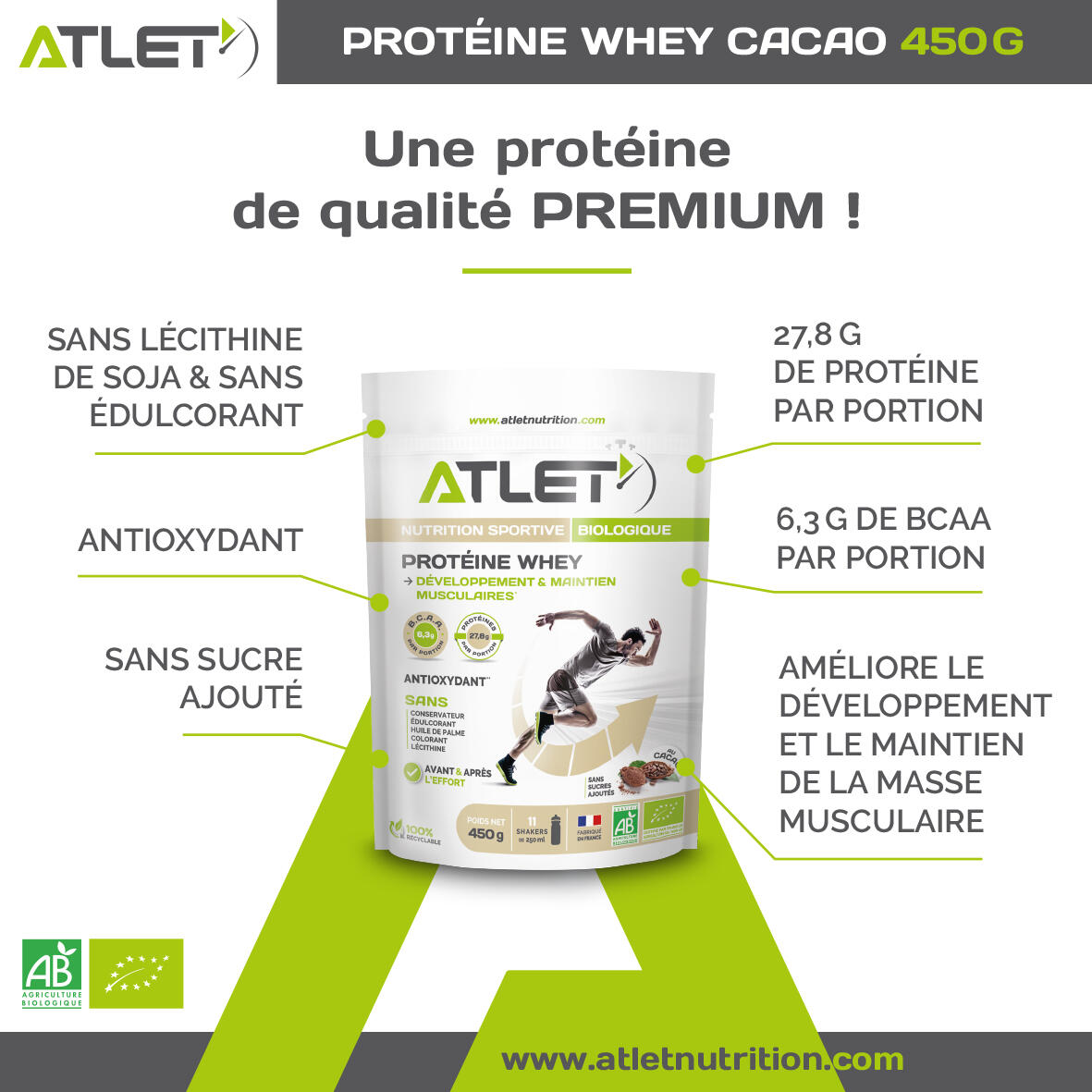 Proteine Whey cacao Bio 450g Atlet