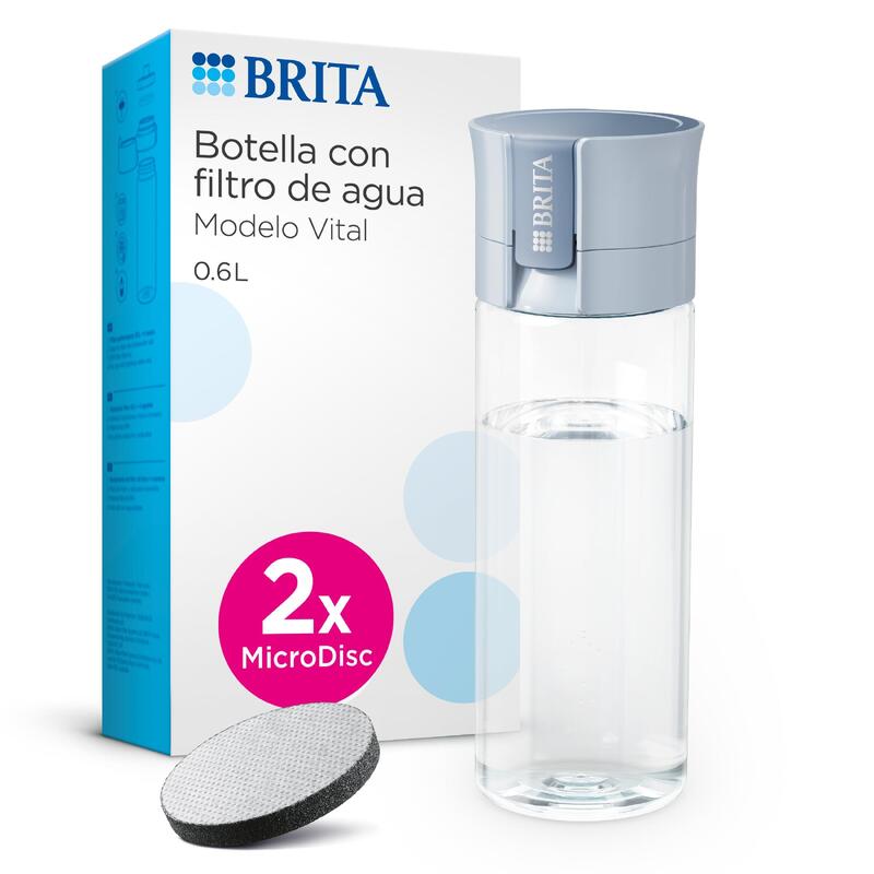 BRITA Botella filtrante de agua VITAL Azul Claro (600 ml), 2 filtros MicroDisc