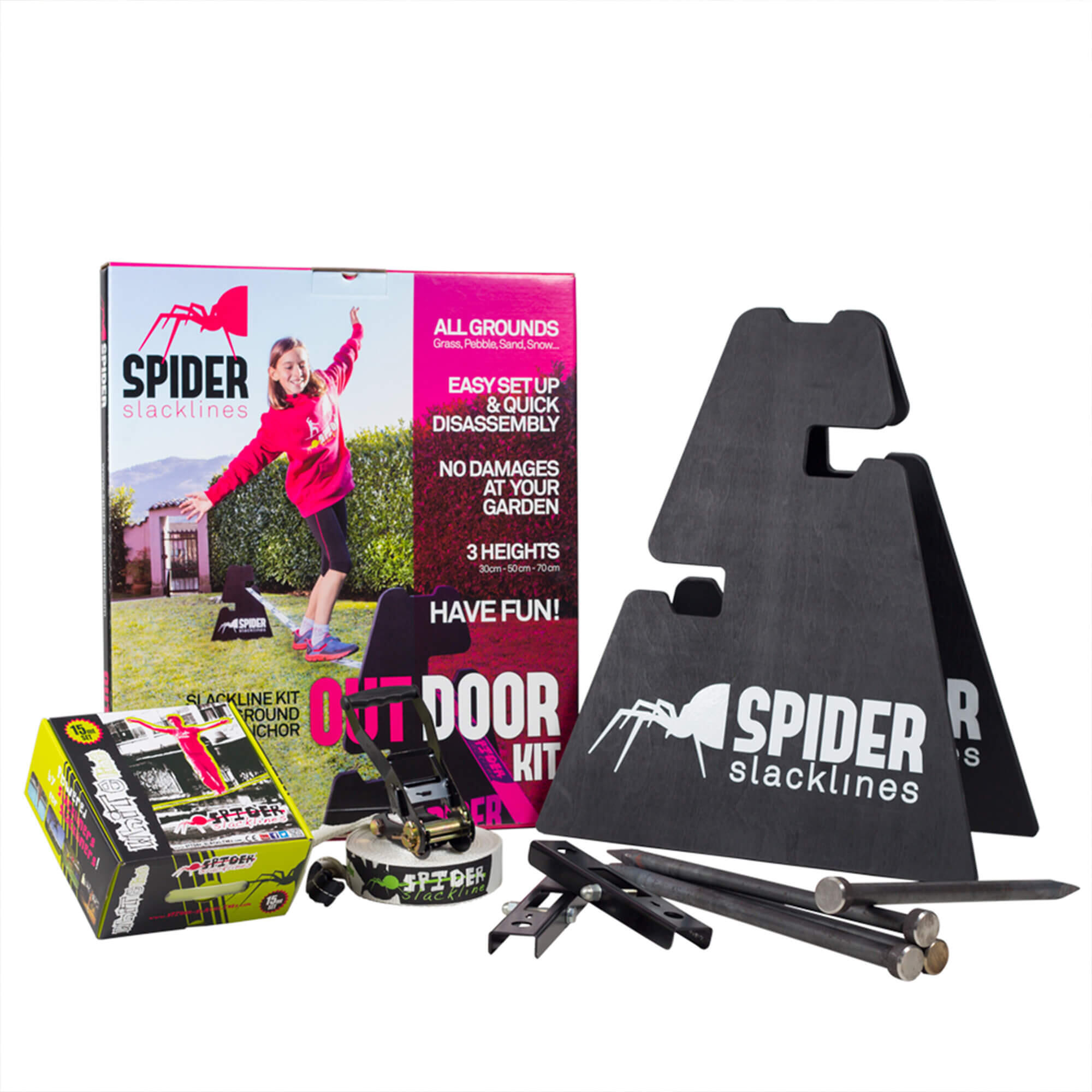 SPIDER Outdoor Kit White Line - 2 Cavalletti regolabili in Altezza + 1 Slackline 15mt