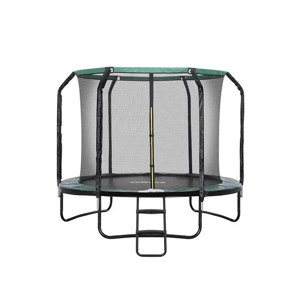 Round backyard trampoline with a safety net and a basketball hoop