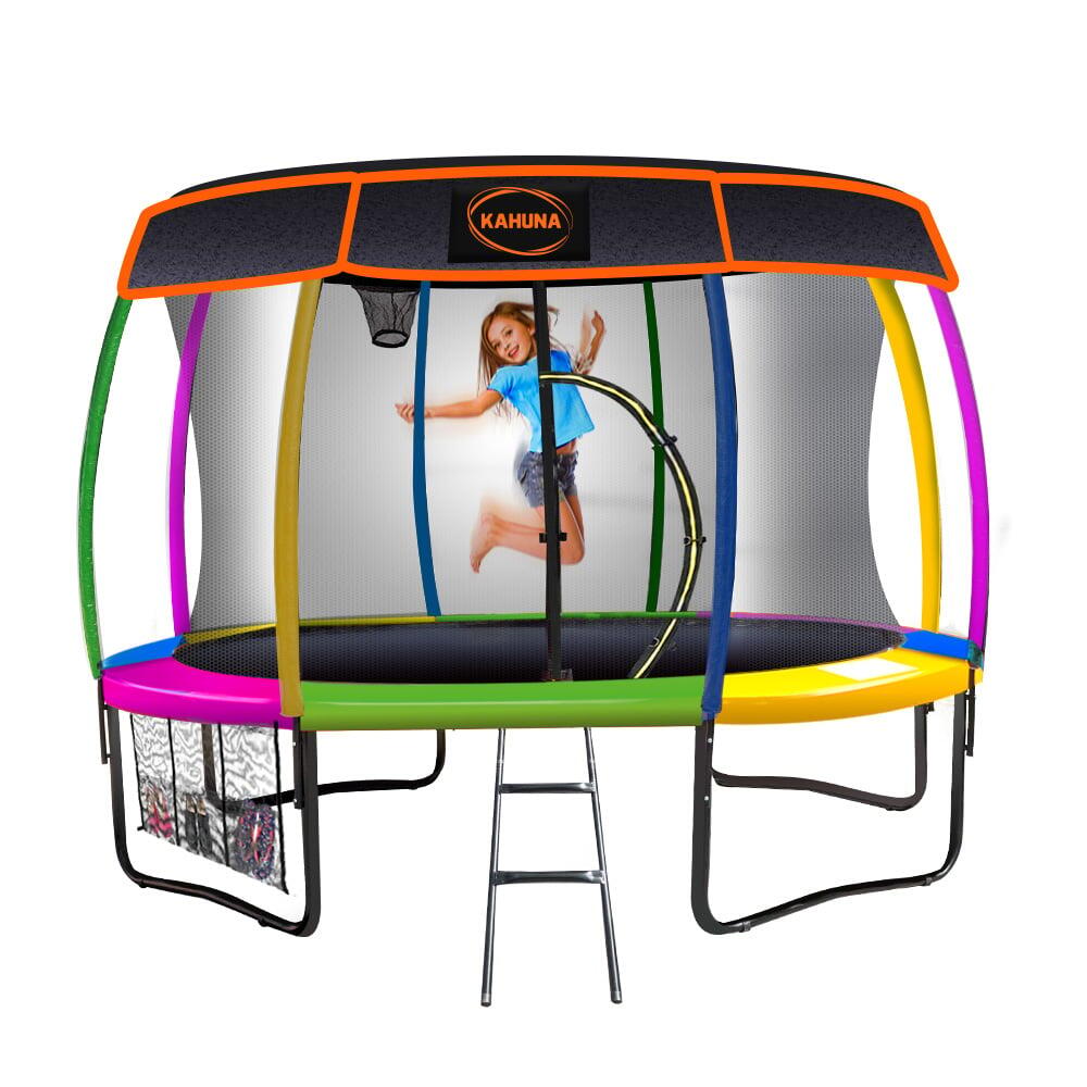 Kahuna Trampoline with Basketball Set and Roof - Rainbow