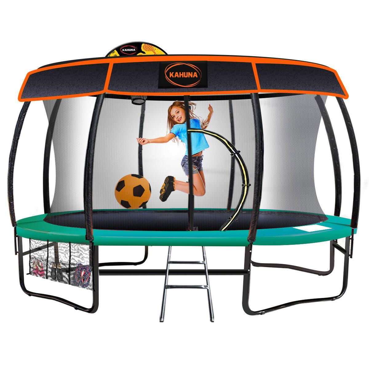 Kahuna Trampoline with Basketball Set Roof