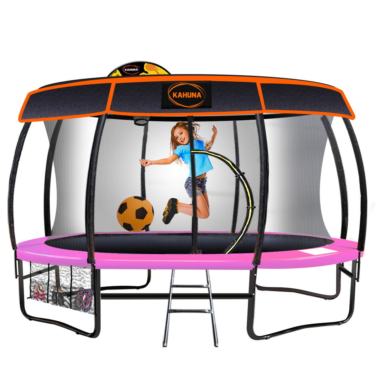 Kahuna Trampoline with Basketball Set and Roof